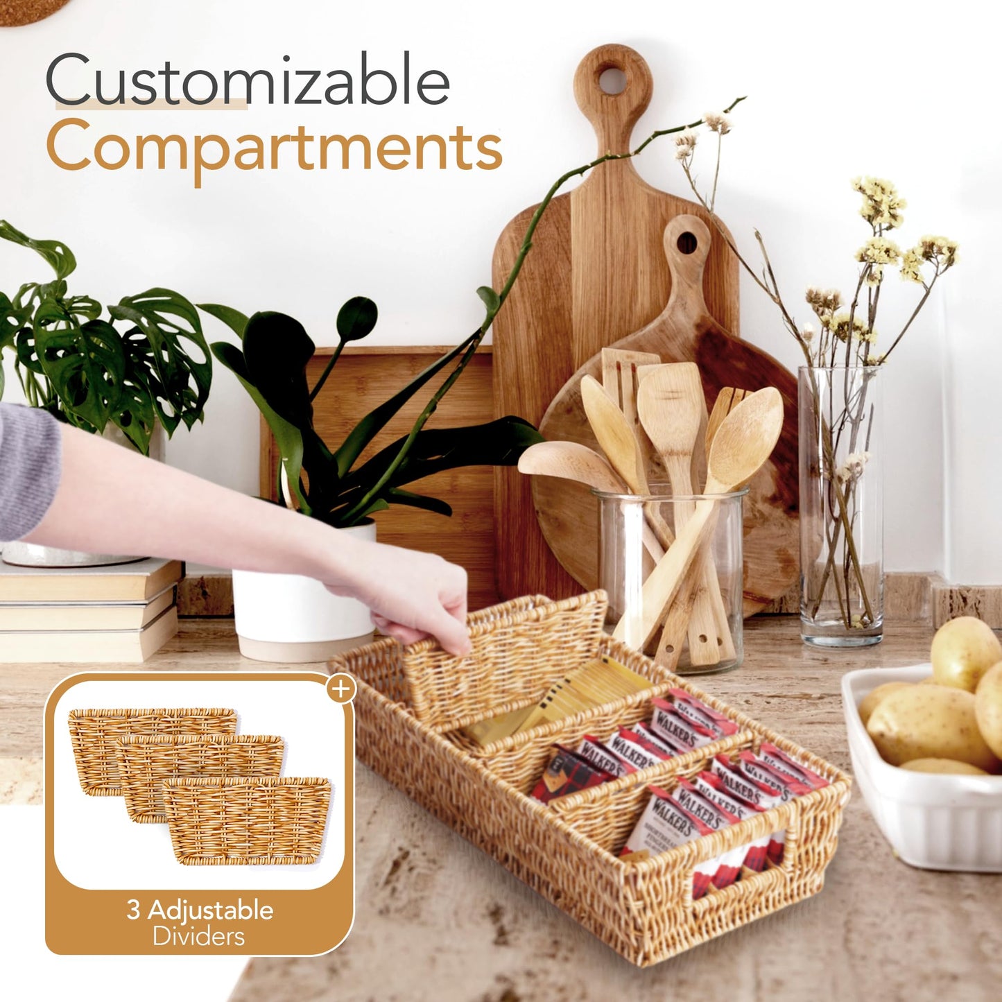 Nature-Inspired Rattan Pantry Organizer Baskets Set of 2 with 3 Removable Dividers – Handwoven Storage Bins for Kitchen or Bathroom Organization, Ideal for Snacks, Coffee & Tea (13” x 7.3” x 3.7”)