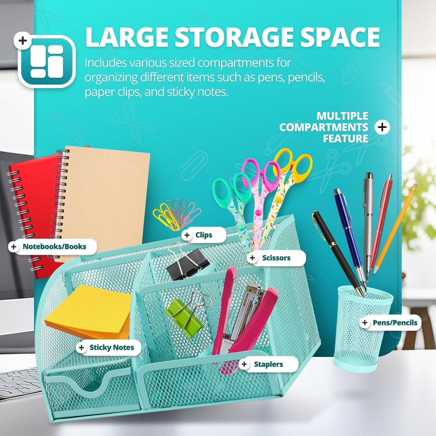 Flexzion Desk Caddy Organizer Set (Green) - Metal Mesh Desktop Caddy with Drawers, 6 Compartments, and Pencil Holder for Women & Men - Desktop Organizer and Storage for Work or Office Supplies