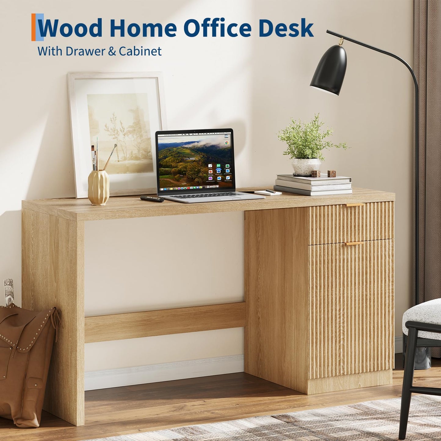 IDEALHOUSE Fluted Executive Desk with Drawers, 60" Modern Home Office Desk with Storage Cabinet, Wood Fluted Computer Desks Workstation for Working, Studying, Writing, Natural Oak