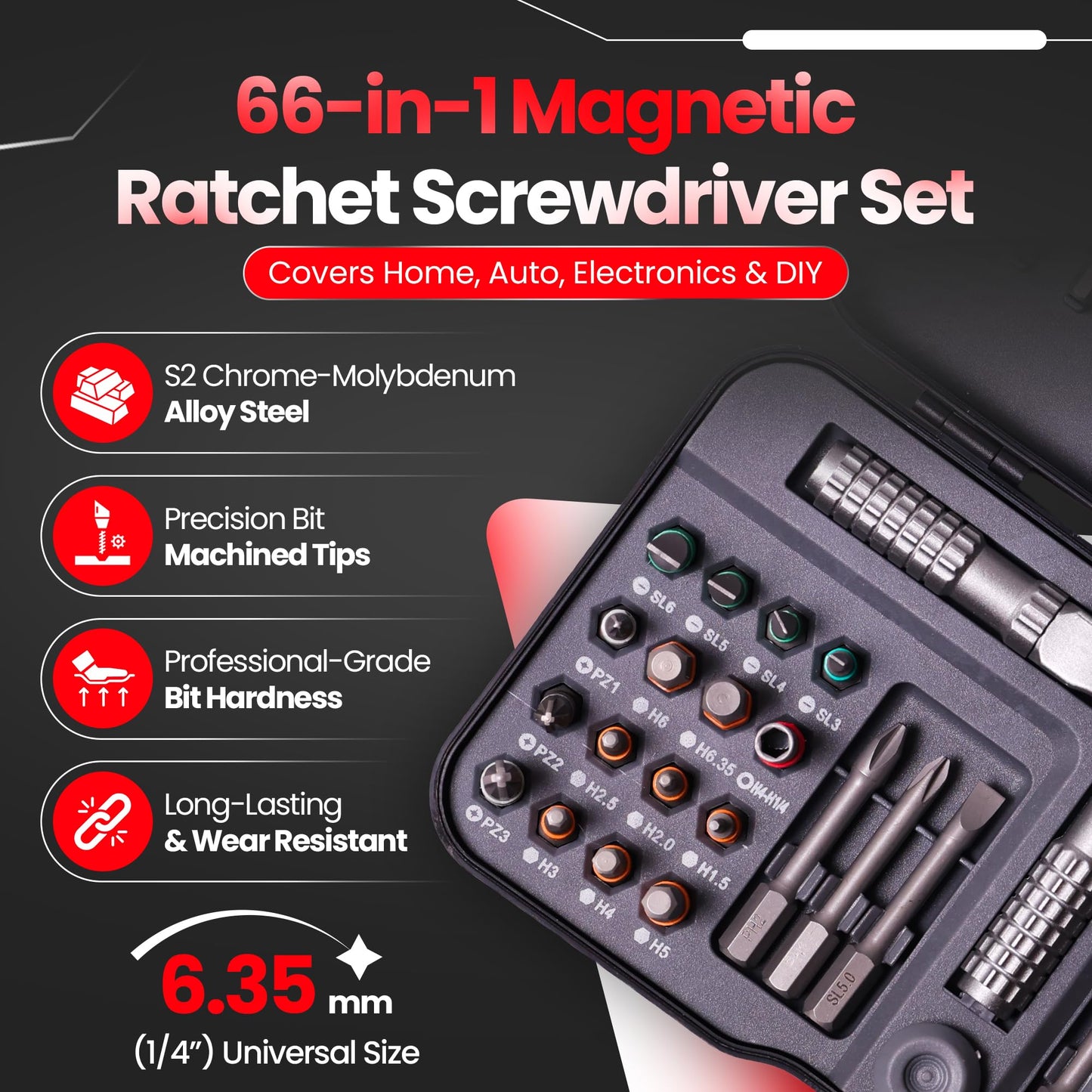 66 in 1 Magnetic Screwdriver Set, Magnetic Ratchet Screwdriver Set with Multi-Bit Ratcheting Handle & Bit Magnetizer, Compact Repair Tool Kit with Storage Case for Furniture, Computer, Bicycle and DIY