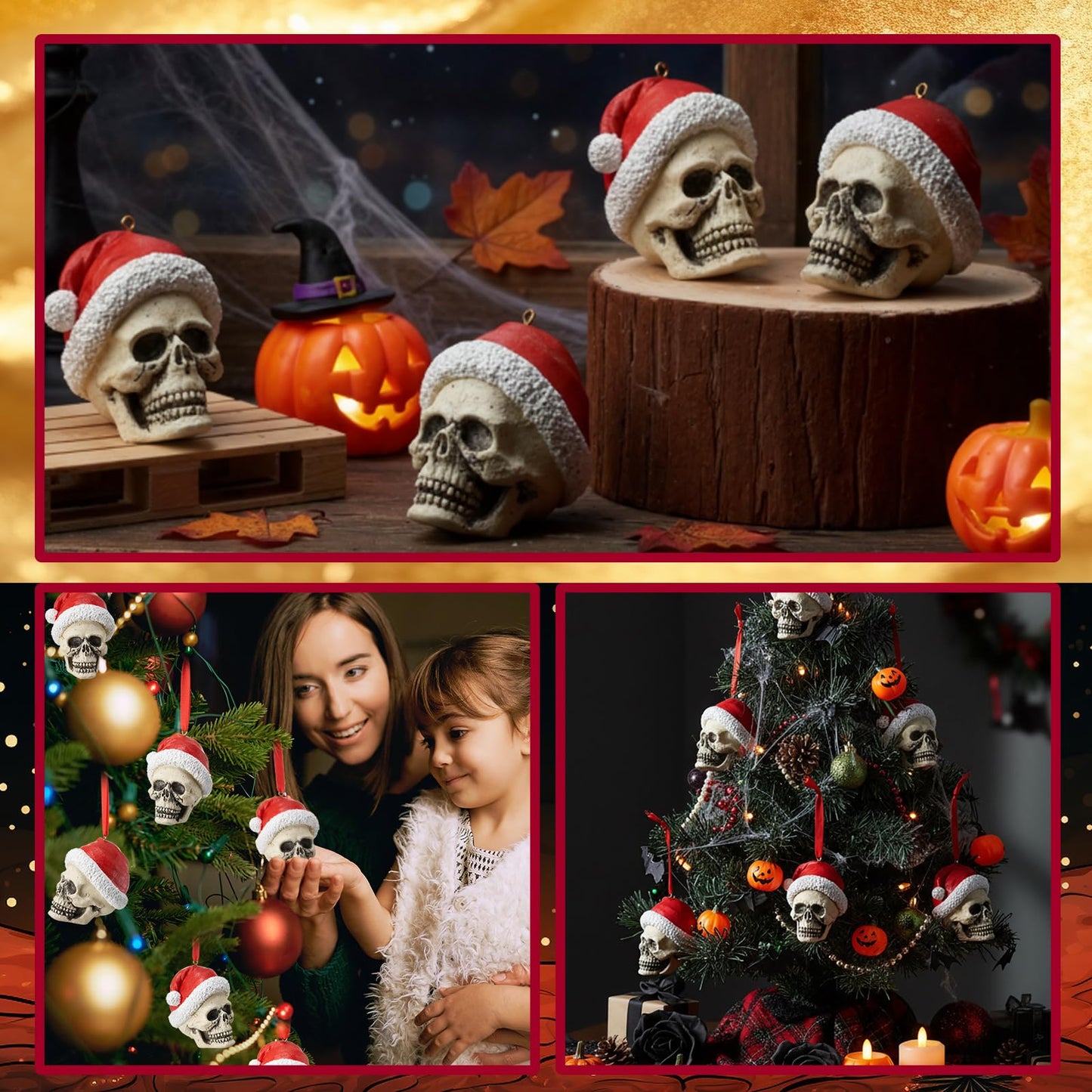 4 Pcs Skull Christmas Tree Ornament 2.6'' Christmas Gothic Decorations Resin Santa Ornament Xmas Mini Skeleton Head Decor Gift for Xmas Tree Holiday Party Supplies