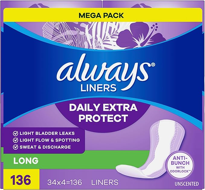 Always Anti-Bunch Xtra Protection Daily Liners, Long Length, Unscented, 136 Count