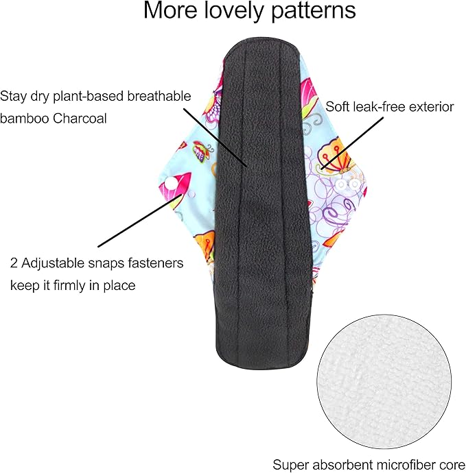 wegreeco Charcoal Reusable Menstrual Pads for Women - Reusable Sanitary Pads | Reusable Panty Liners | Soft Cloth Menstrual Pads - 5 Pack, 1 Cloth Wet Bag (X-Large, Butterfly)