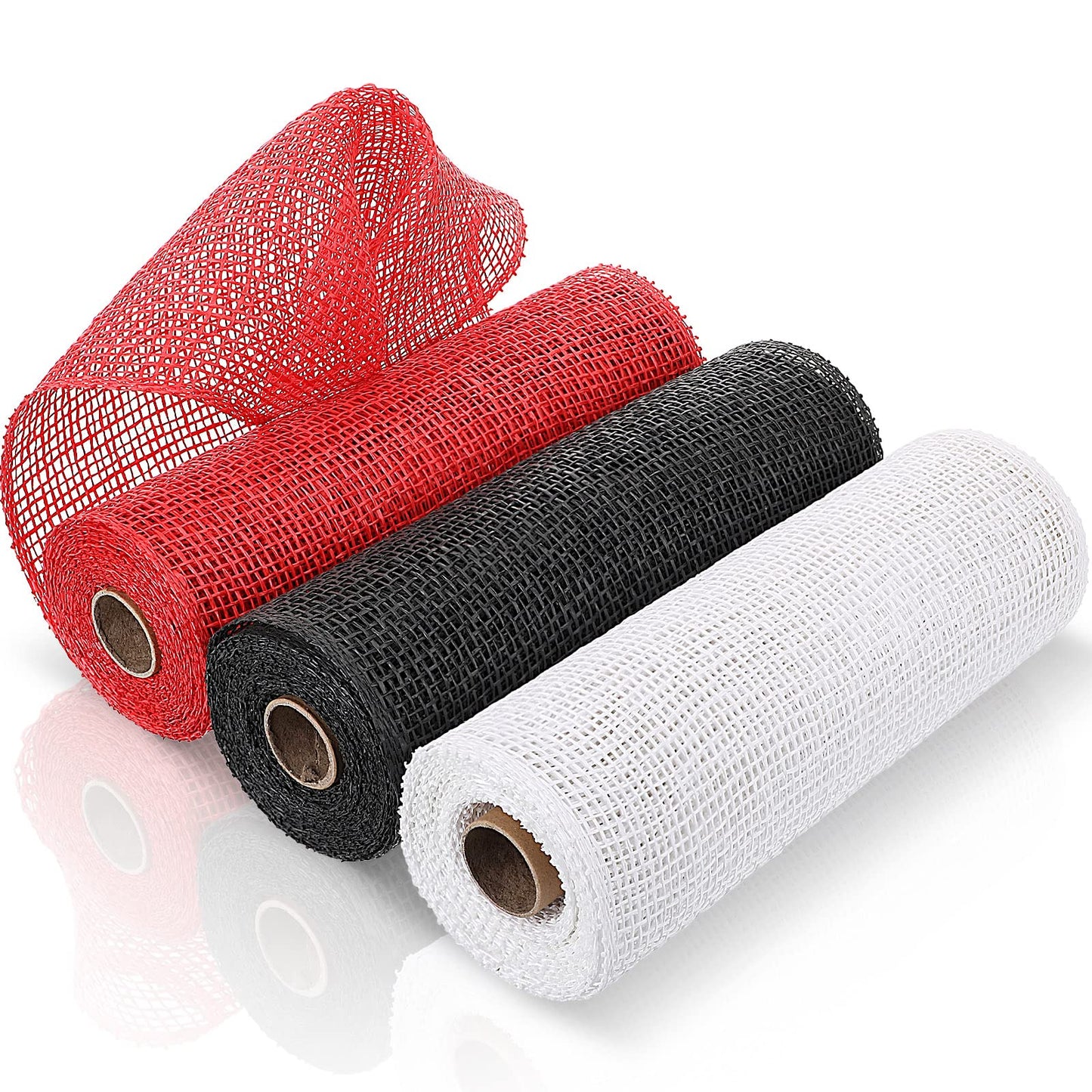 Chuangdi 3 Rolls Poly Burlap Deco Mesh 10 Inch Black White Red Deco Poly Decorative Mesh Ribbon Wrapping Ribbon Rolls for Home Door Wreath Decoration DIY Crafts Making