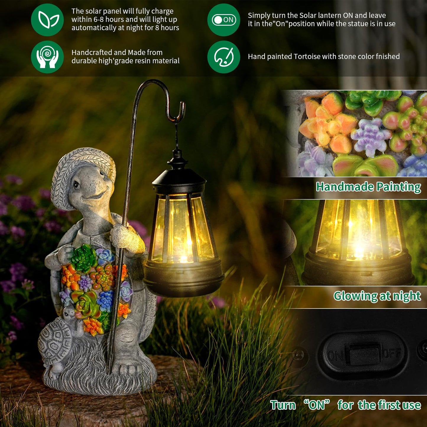 RS FURISON Solar Garden Outdoor Statue Turtle with Hanging LED Lantern —Outside Solar Turtle Decor for Garden,Home,Lawn,Yard, Balcony Ornament- Unique Housewarming Gifts