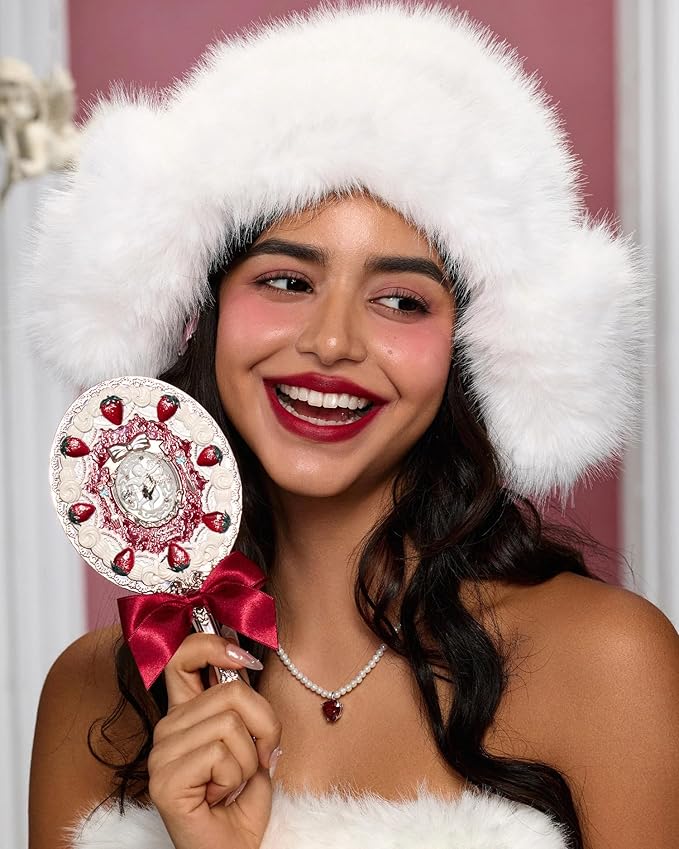 Flower Knows Strawberry Cupid Hand Mirror,Vintage Handheld Mirror,Fancy & Pretty Princess Mirror with Long Handle,Gift for Girls & Women(Red Velvet)