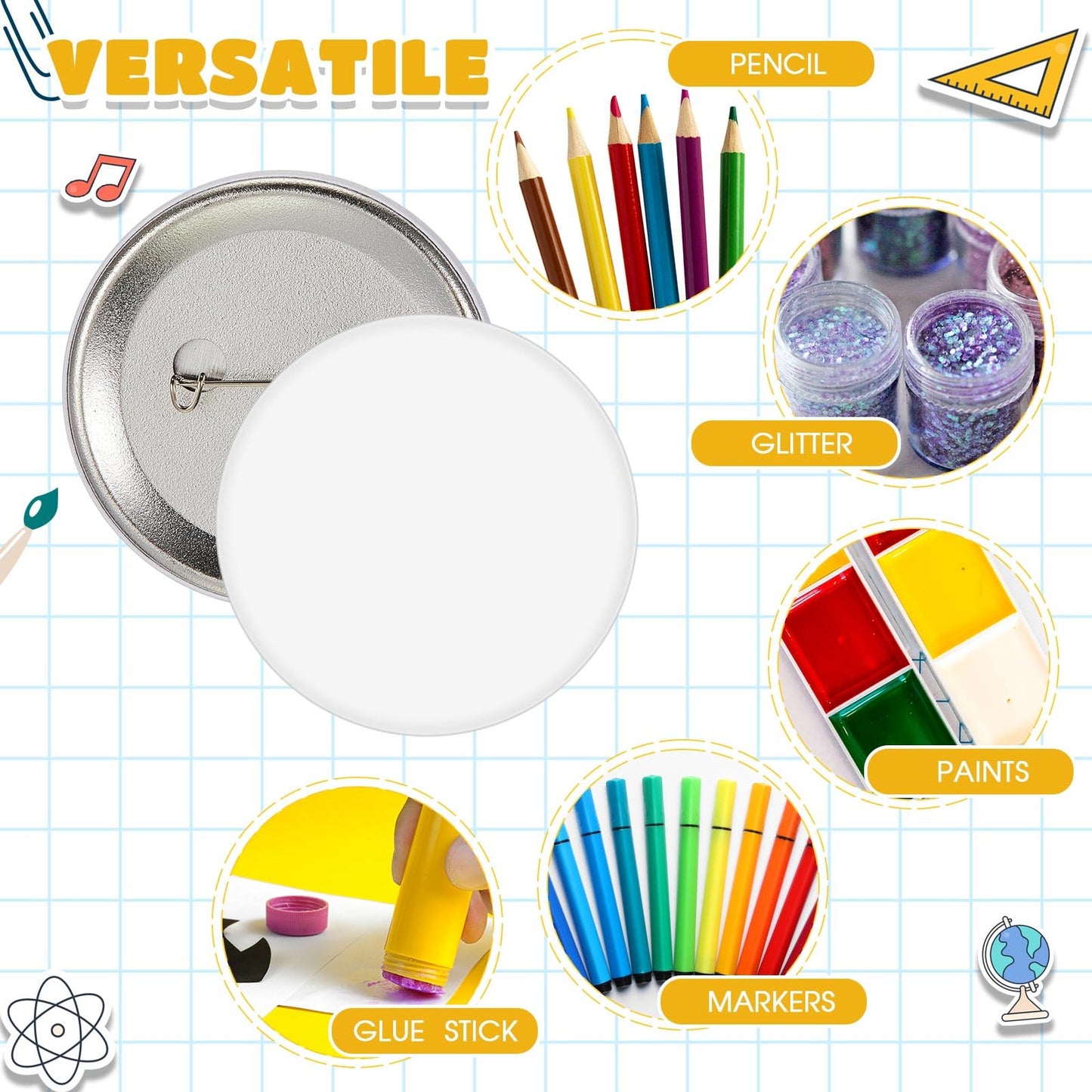 XunYee 20 Pcs Blank White Button Pins 2.25 Inch/ 58 mm DIY Craft Button with White Pins Design Making Kit for Crafts Valentines Supplies, DIY Badges