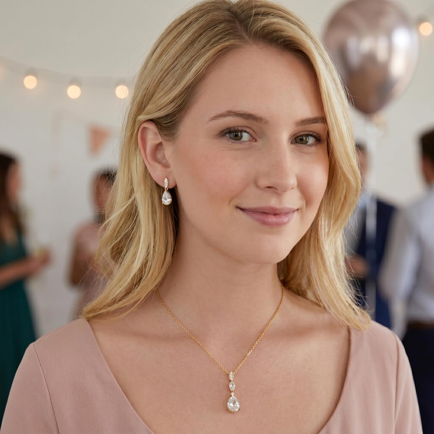 Mariell Bridal Wedding Necklace Earrings Set, 14K Gold Plating, CZ Crystal Pendant and Drop Earring for Brides, Bridesmaids