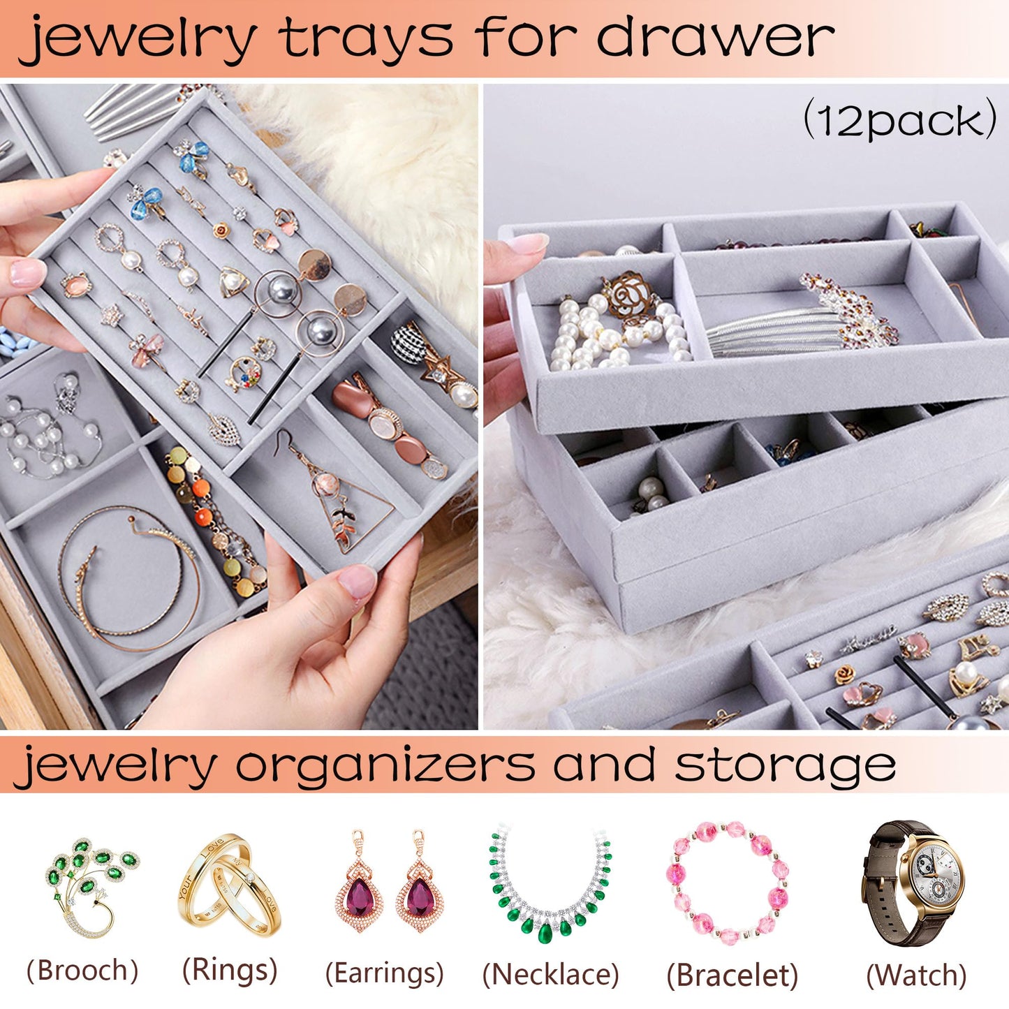 MINIBIGBOX 12 Set Jewelry Organizer Trays Stackable Jewelryy Display Case Storage Box for Earring Necklace Rings Bracelet Watch