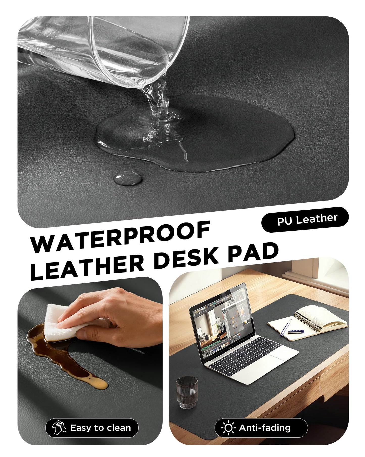 YSAGI Large PU Leather Desk Mat for Keyboard and Mouse - Waterproof Non-Slip Desk Pad Protector for Office, Home, Writing Desk (Dark Grey, 35.4" x 17")