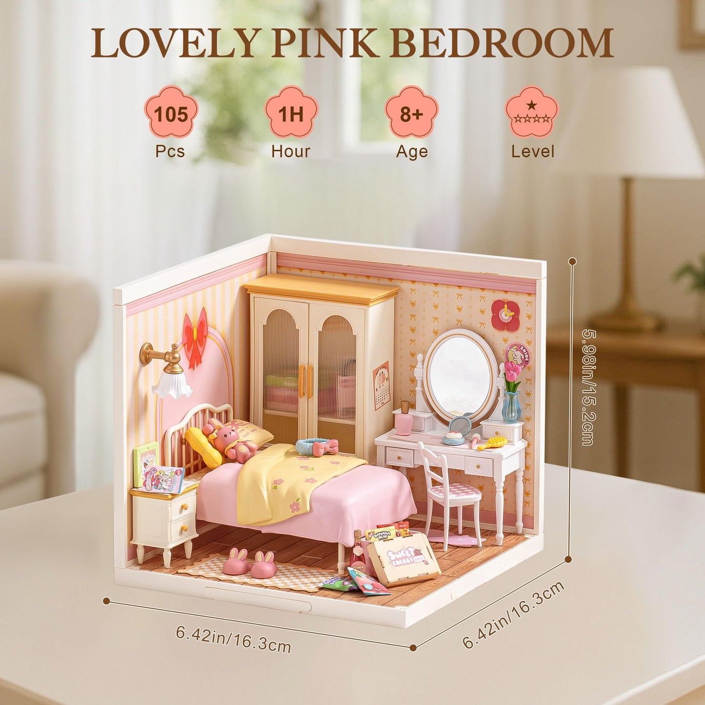 ROBOTIME Super Creator Kits, DIY Miniature House Kit with LED, Plastic Mini House, Toy Building Set, Mini Figures Construction for Teens &Adults, Craft for Home Decor Unique Gift (Lovely Pink Bedroom)