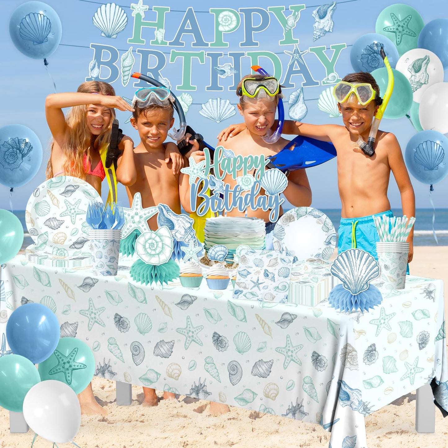 Seashell Birthday Decorations,190pcs Beach Party Supplies Coastal Party Decorations Plates and Napkins Cups Tablecloths,Cake Topper,Balloon for Ocean Theme Birthday Decorations,Serves 24