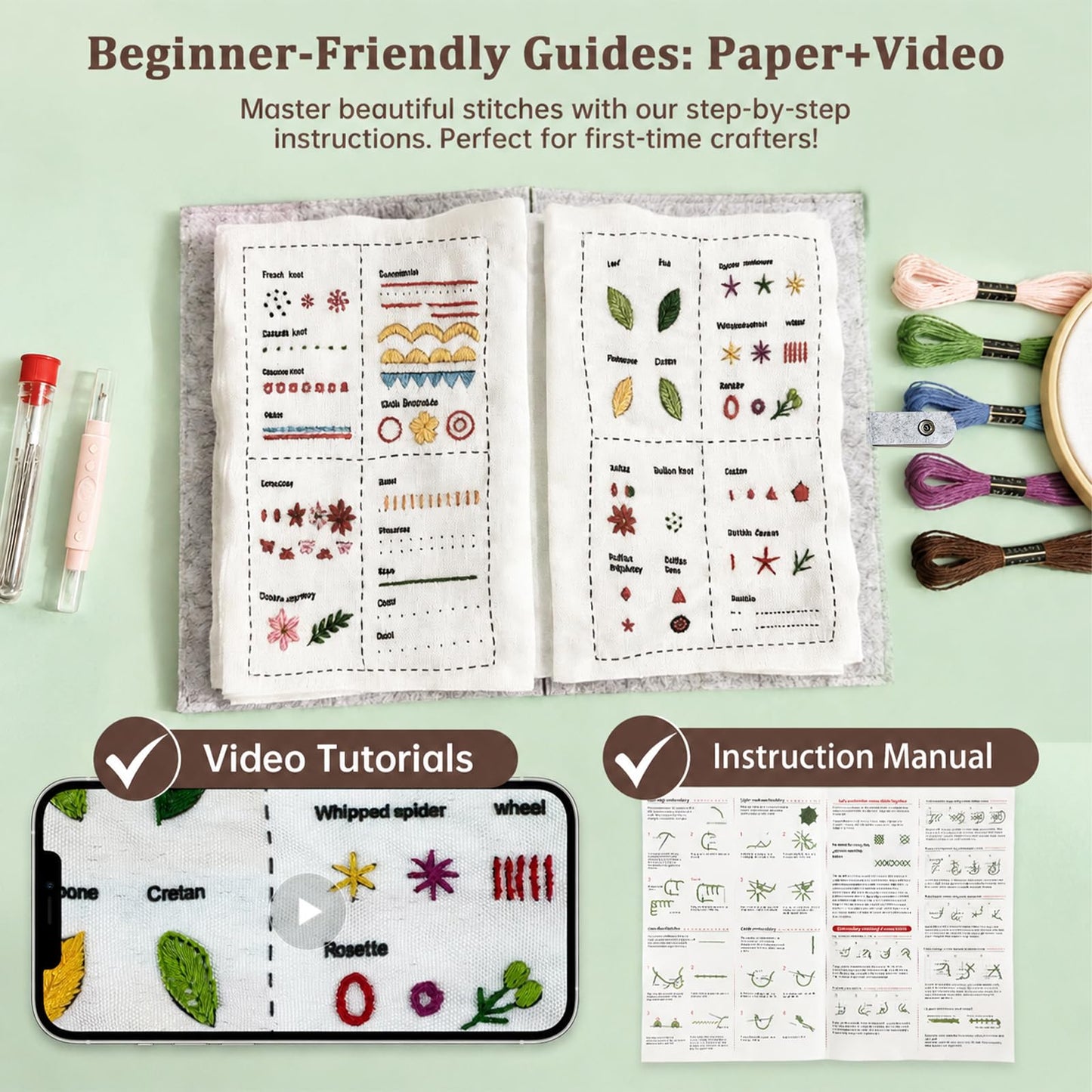 NBNQ Embroidery Stitch Book Kit for Beginners with Portable 10.65"x8.27" Loose-Leaf Cover, Includes 6 Fabric Pages, Complete Toolkit, Instructions and Videos.