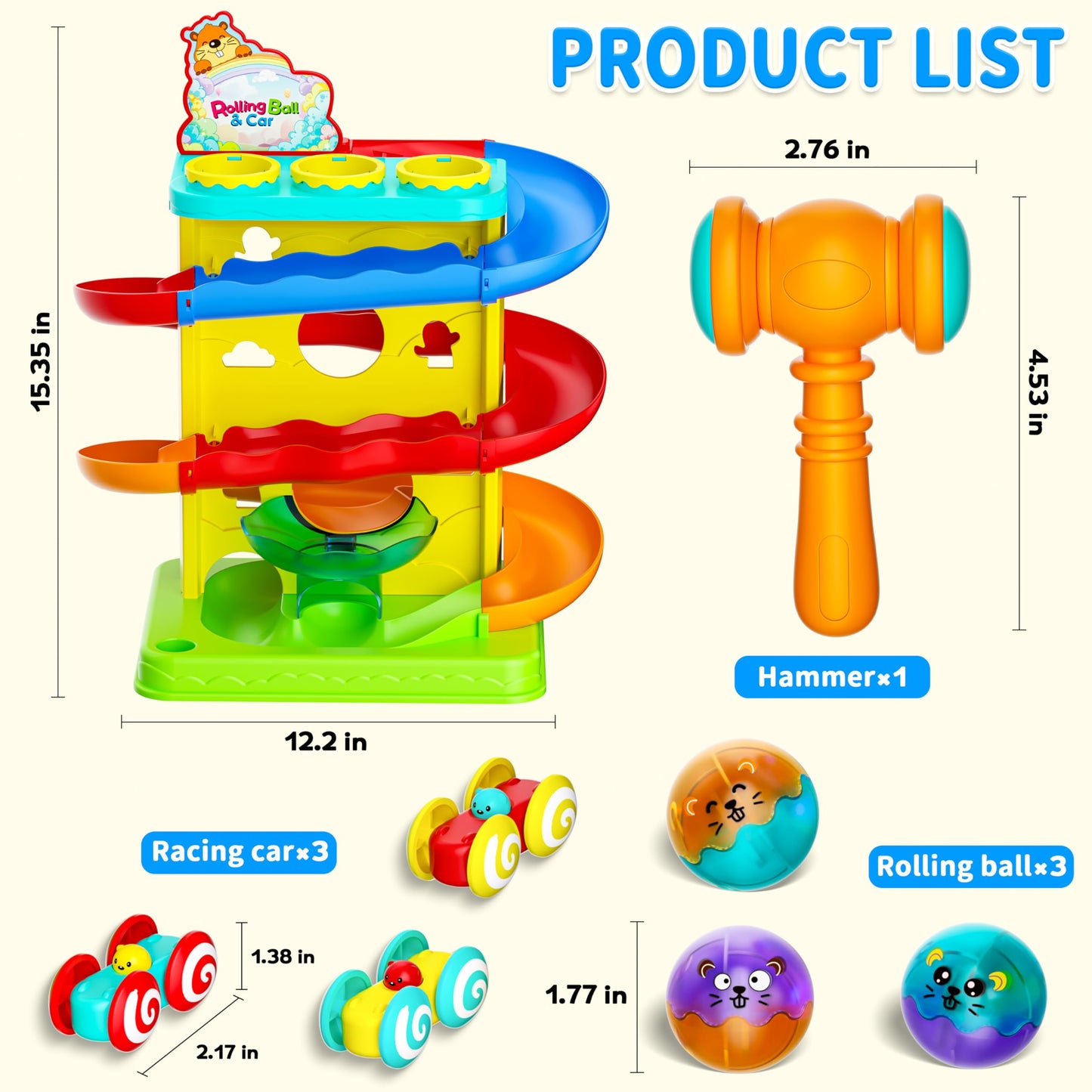 Funwee 2-in-1 Rolling Ball & Racing Car Ramp Toy for Toddlers, Race Track Hammer Lights Ball Drop, Interactive Montessori Learning Game Birthday Gift Idea for Kids 1 2 3 4 5+Year Old Girl Boy(Yellow)