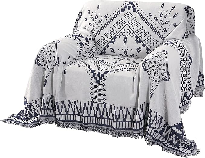 H.VERSAILTEX Reversible Sofa Cover Couch Cover for Dog Sofa Slipcover for Most Shape Sofa Furniture Protector with Tassels Sectional Couch Cover (Medium: 71" x 91", Navy/White)