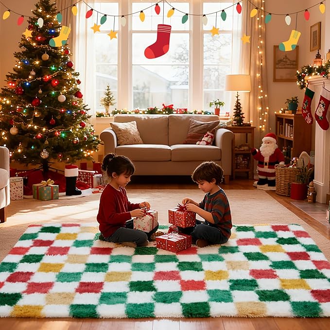 Checkered Area Rug 5x8 for Bedroom Living Room, Christmas Shag Rug Fuzzy Shaggy Bedside Carpet, Indoor Plush Floor Rugs for Kids Boys Girls Room Holiday Home Decor