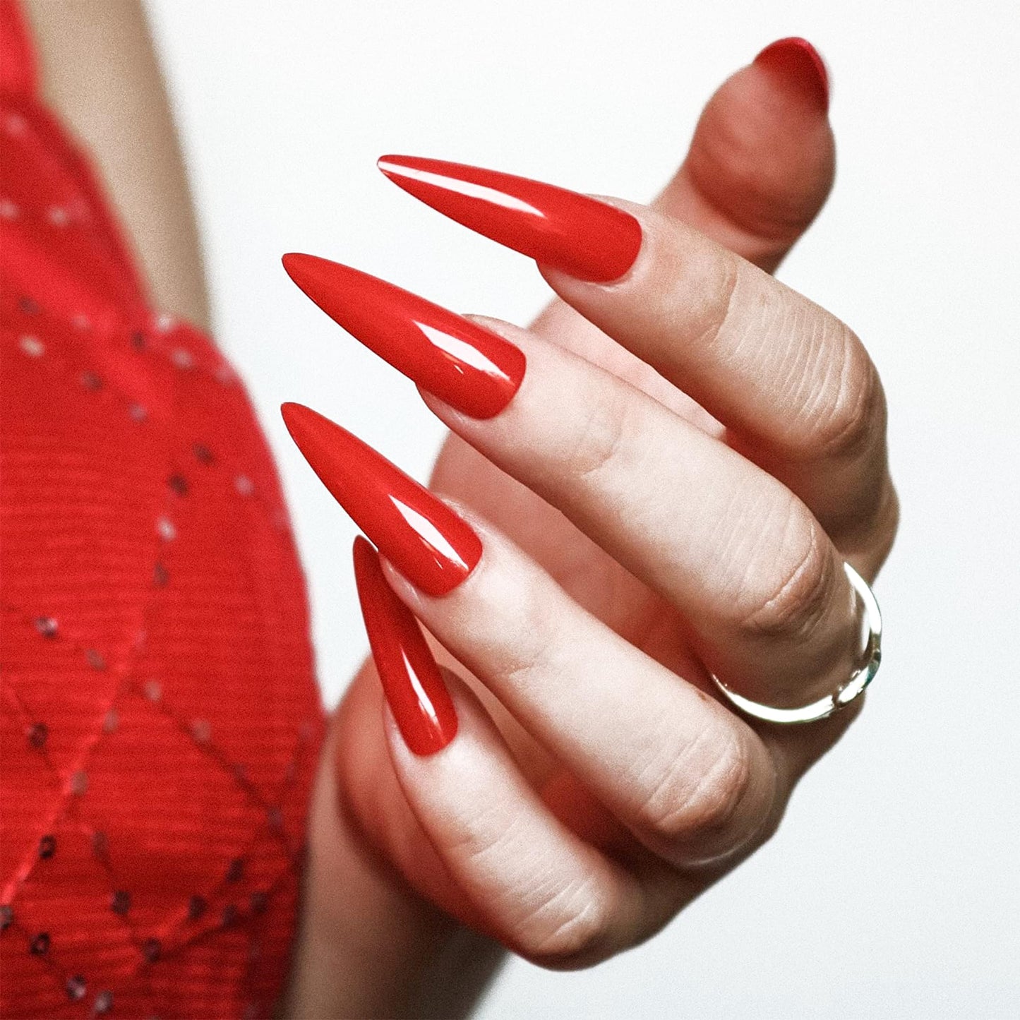 Allkem Press On Nails - Hot Red Glossy Extra Long Stiletto Sculpted Multipack | 10 sizes - 100 pcs False Nails Full Cover Nail Kit with Glue