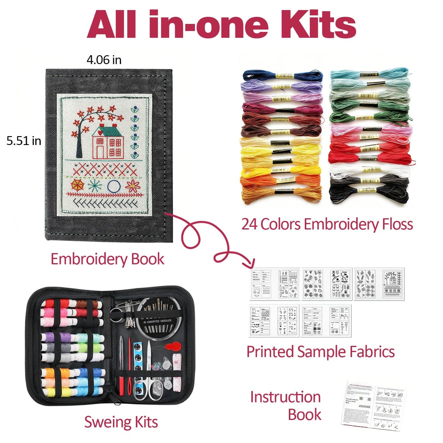 Embroidery Stitch Book Kit for Beginner Adults, 2026 Hand Embroidery Kits with Pre-Stamped Pattern, Complete Sewing Kits, Step-by-Step Guide