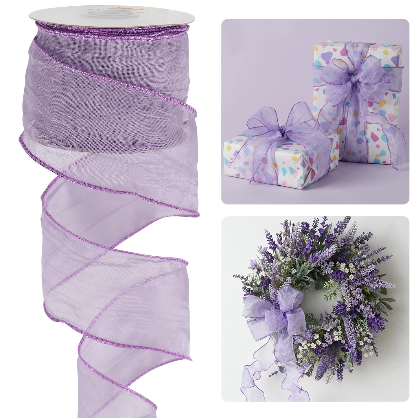 HUIHUANG Purple Crinkle Wired Ribbon 2.5 inch Metallic Crinkle Lavender Wreath Ribbon for Gift Wrapping Basket Bows Making DIY Crafts Home Decor - Continuous 10 Yards