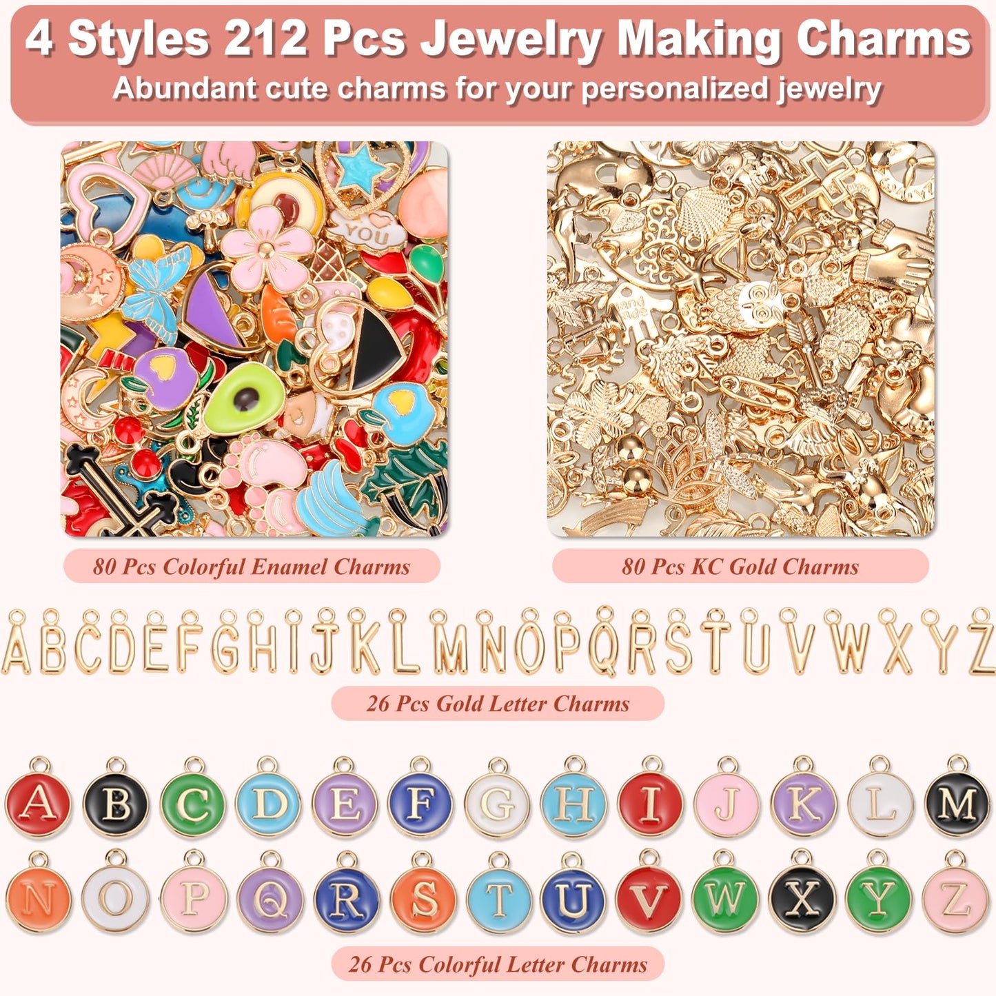 485 Pcs Charms Lip Gloss Keychain Making Kit, DIY Bag Charm Kit Including 40 Key Chain Hooks 30 Extender Chains 212 Gold Charms & Letter 200 Jump Rings 1 Plier and 1 Puncher for Craft Supplies