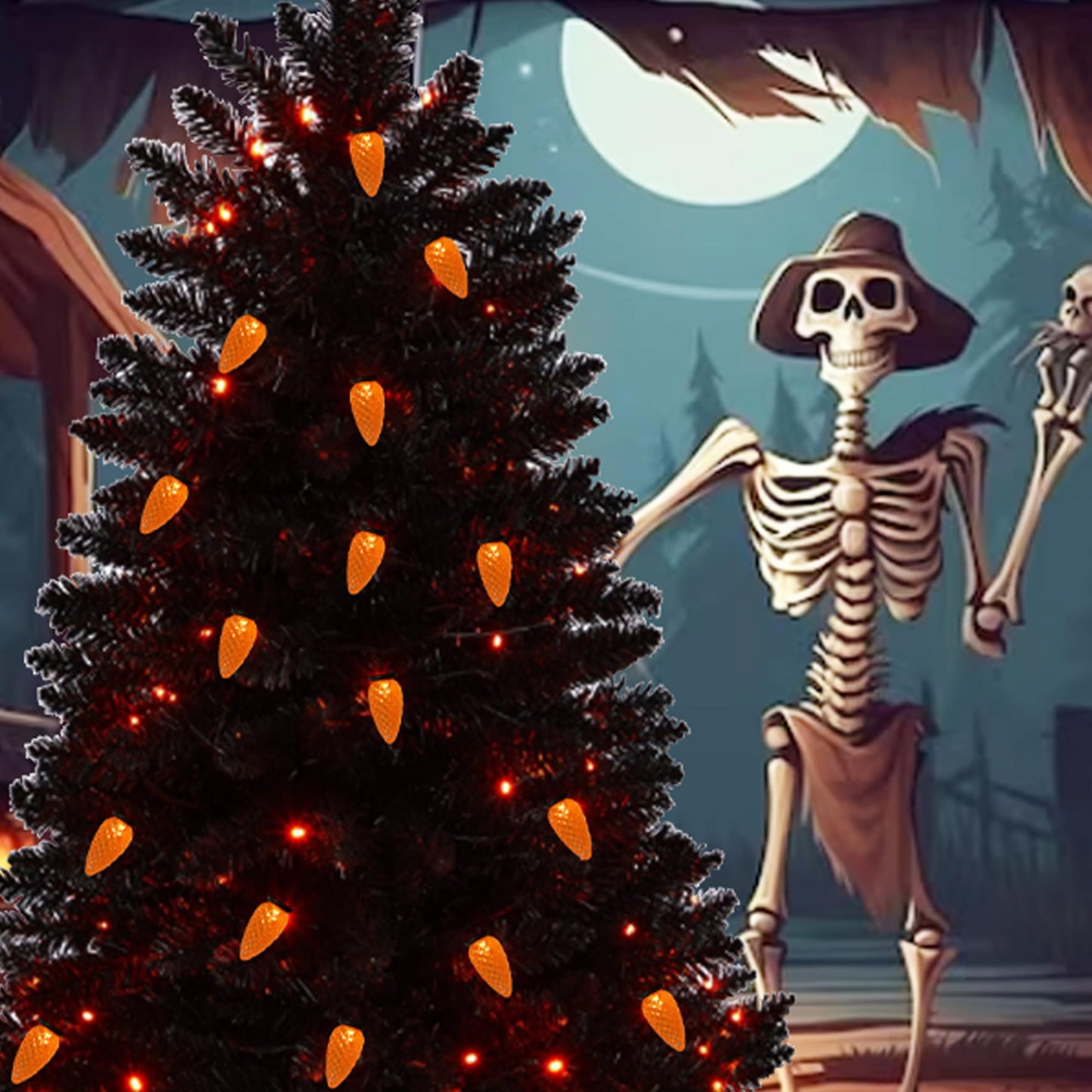 MXTCLM Orange C6 Halloween String Lights 50LED Strawberry 18ft Waterproof Black Wire Lights for Outdoor Indoor Garden Yard Home Halloween Party Decoration(Orange)