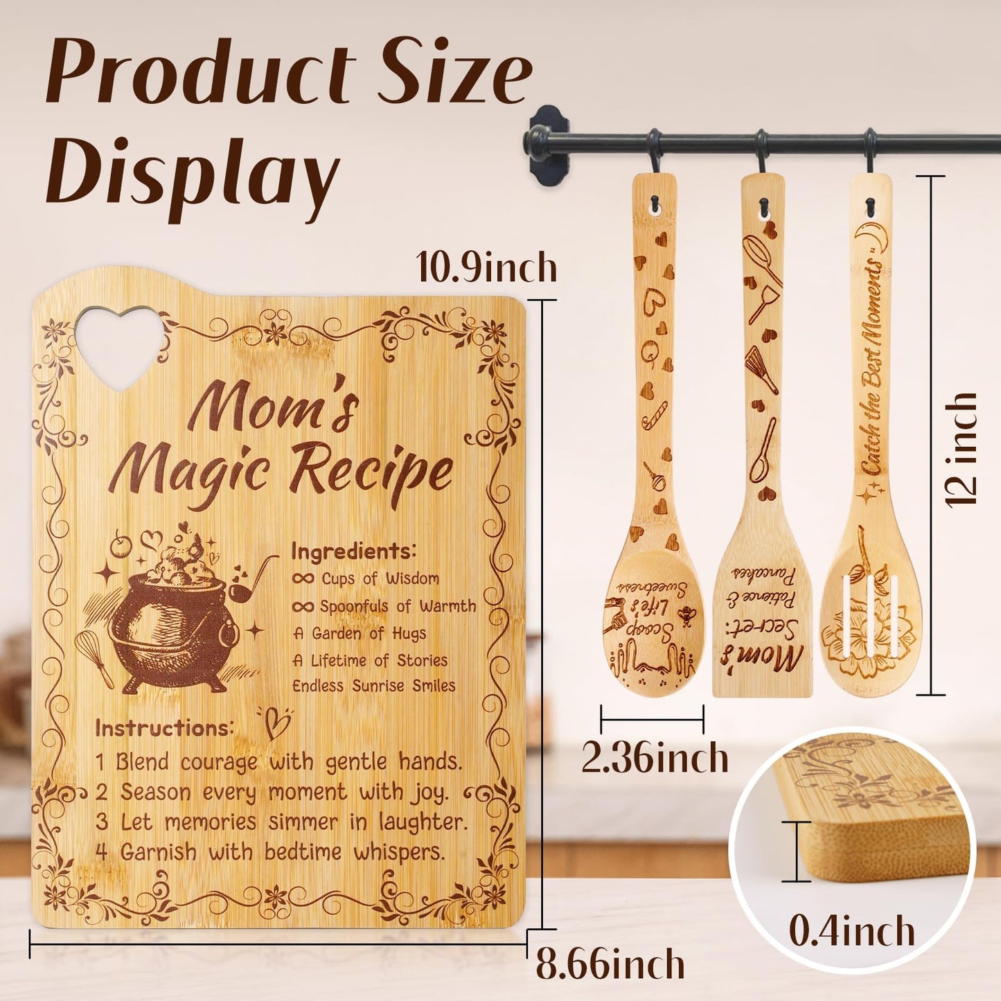 Mothers Day Gifts for Mom - Personalized Engraved Bamboo Cutting Board Set Gifts for Mama from Daughter,Cute Cutting Board Utensil Set Kitchen Decor,Mothers Day Kitchen Gadgets,Birthday Gift for Women