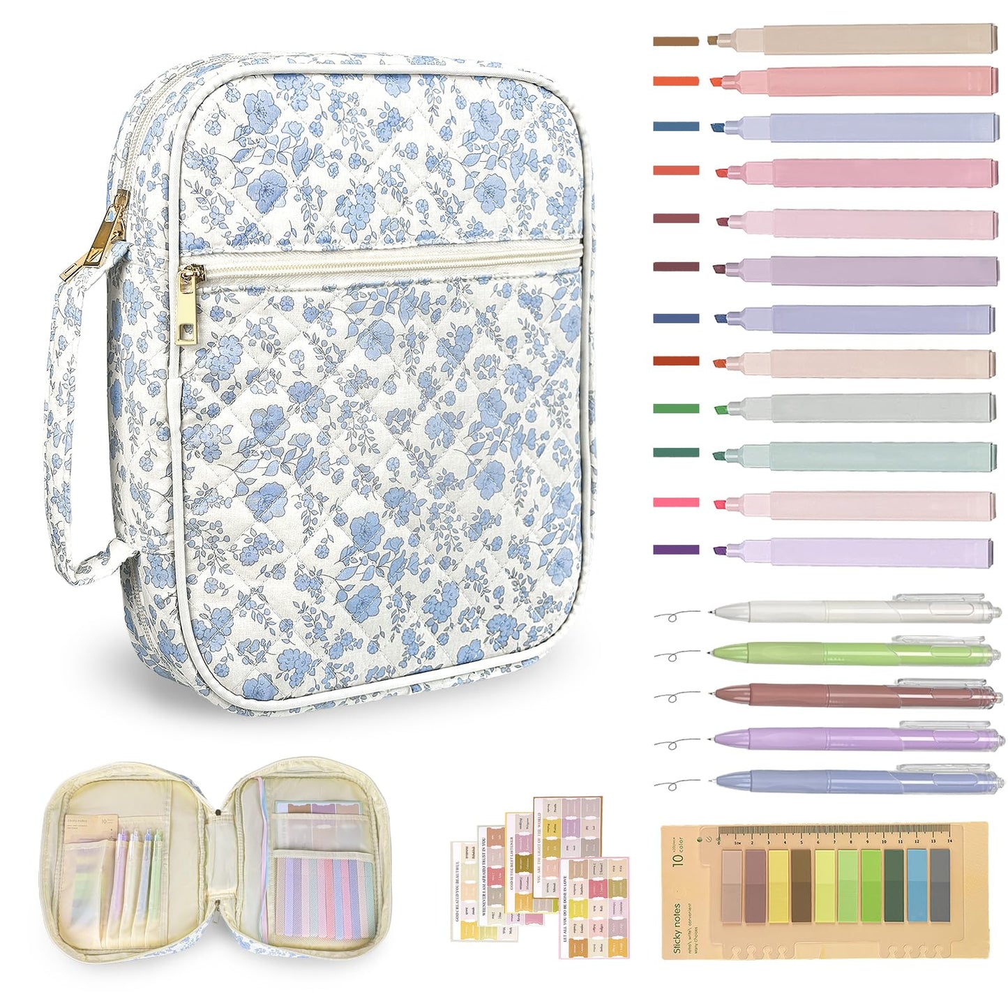Szcxyy Bible Cover Case for Women,Bible Study Supplies Accessories,Bible Journaling Kit,Blue Flower Carrying Case with Highlighters
