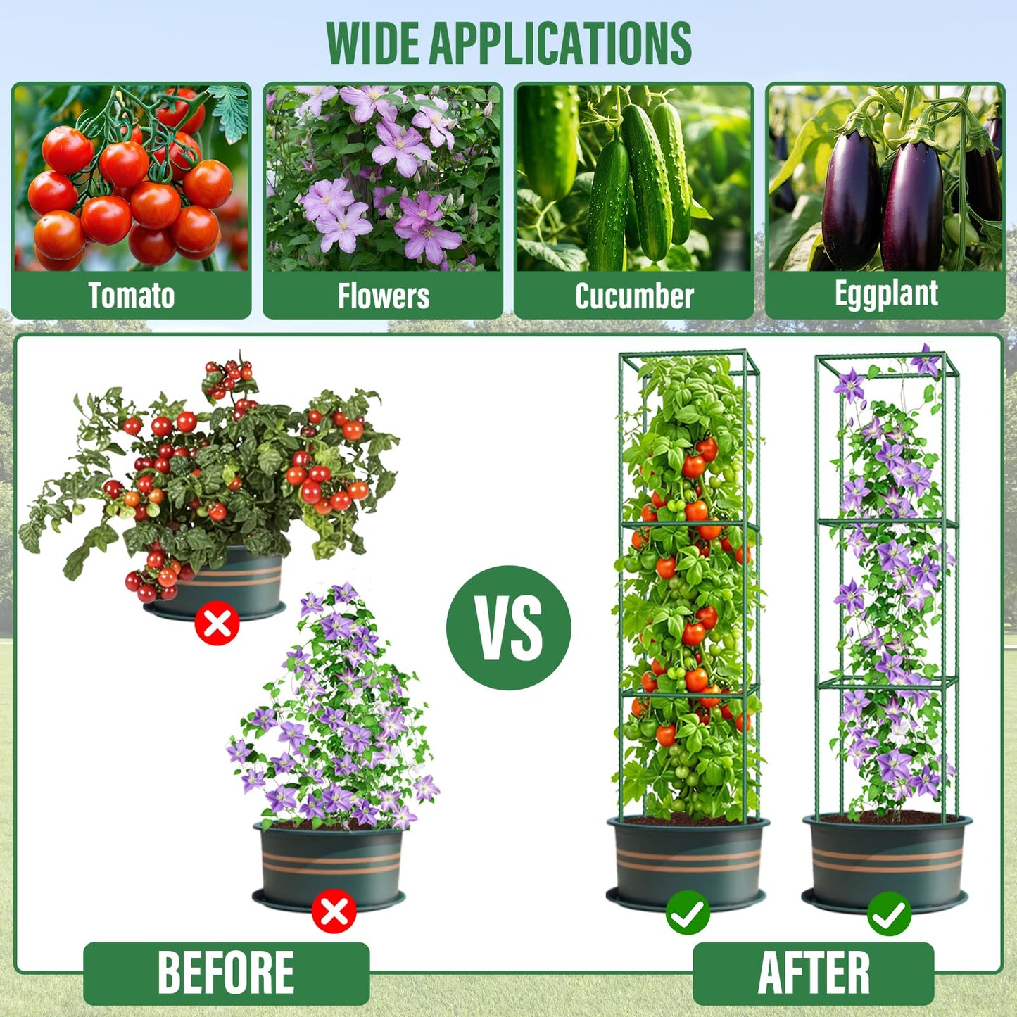 Square Tomato Cages for Garden: 3 Pack Heavy Duty Plant Cage - 48.5in Adjustable Height Tomato Plant Support cage for Flowers, Fruits, Vegetable