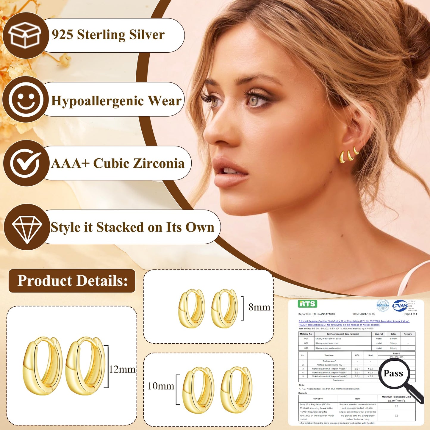 DORANA 3 Pair Small Gold Hoop Earrings Set for Women 925 Sterling Silver Huggie Earrings Non Tarnish Small Cartilage Hoops Stackable Earring Stacks Sets for Multiple Piercing