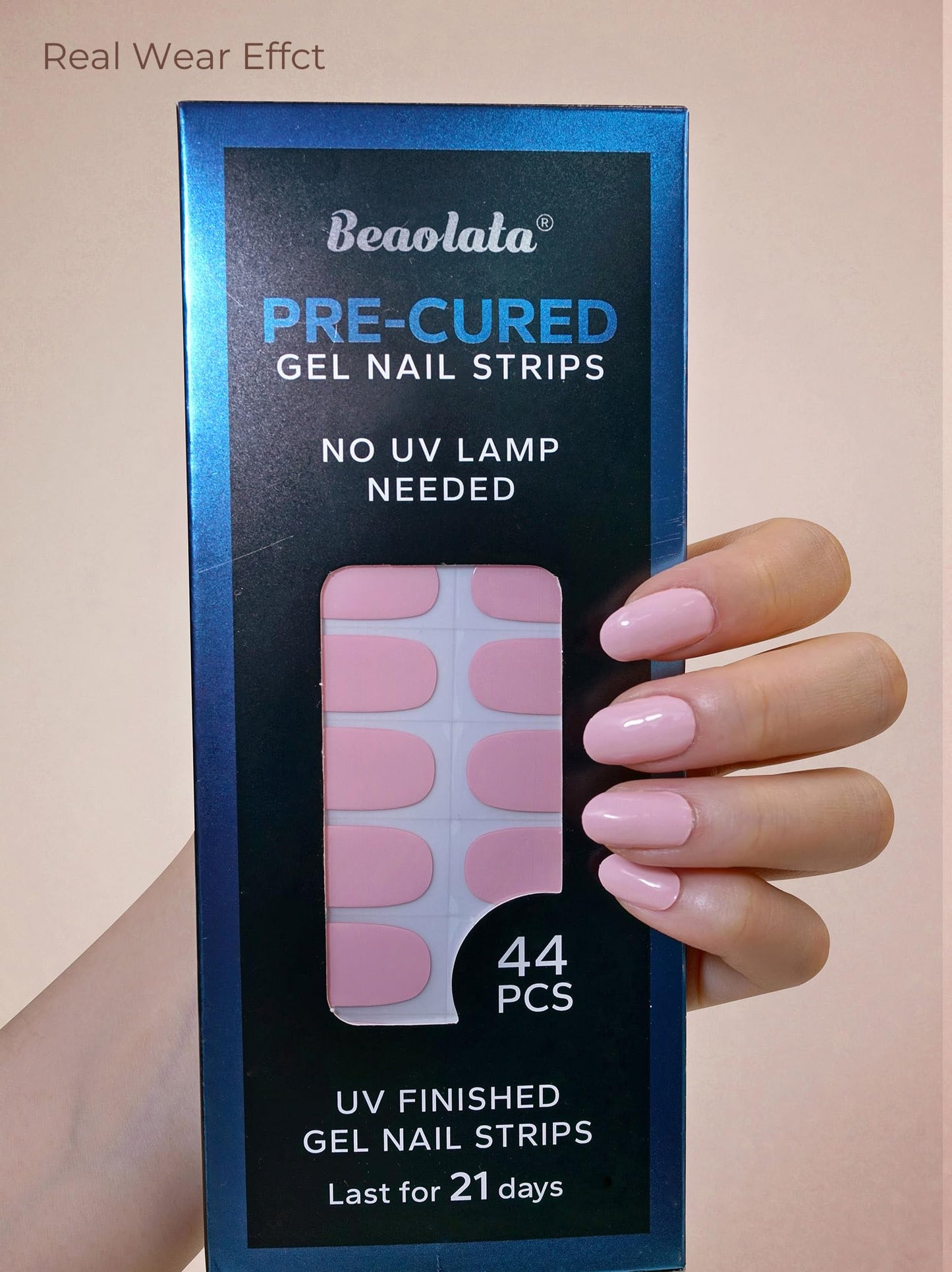 Beaolata Real Gel Nail Strips (No UV Light Needed) - 44Pcs Salon Quality Nail Stickers - Long Lasting Polish Wraps for Women, Easy Apply & Remove (Pure Pink)