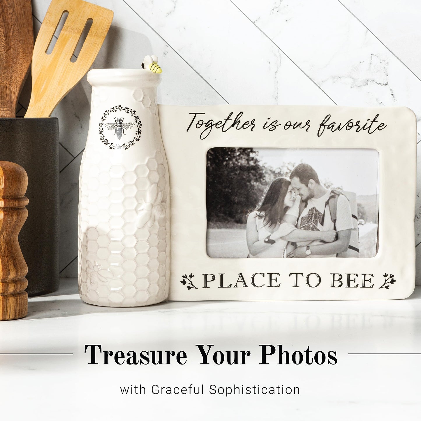 youngs Inc Ceramic Bee Vase w/Photo Frame, White, Black, 11.25" Length x 3.00" Width x 8.00" Height