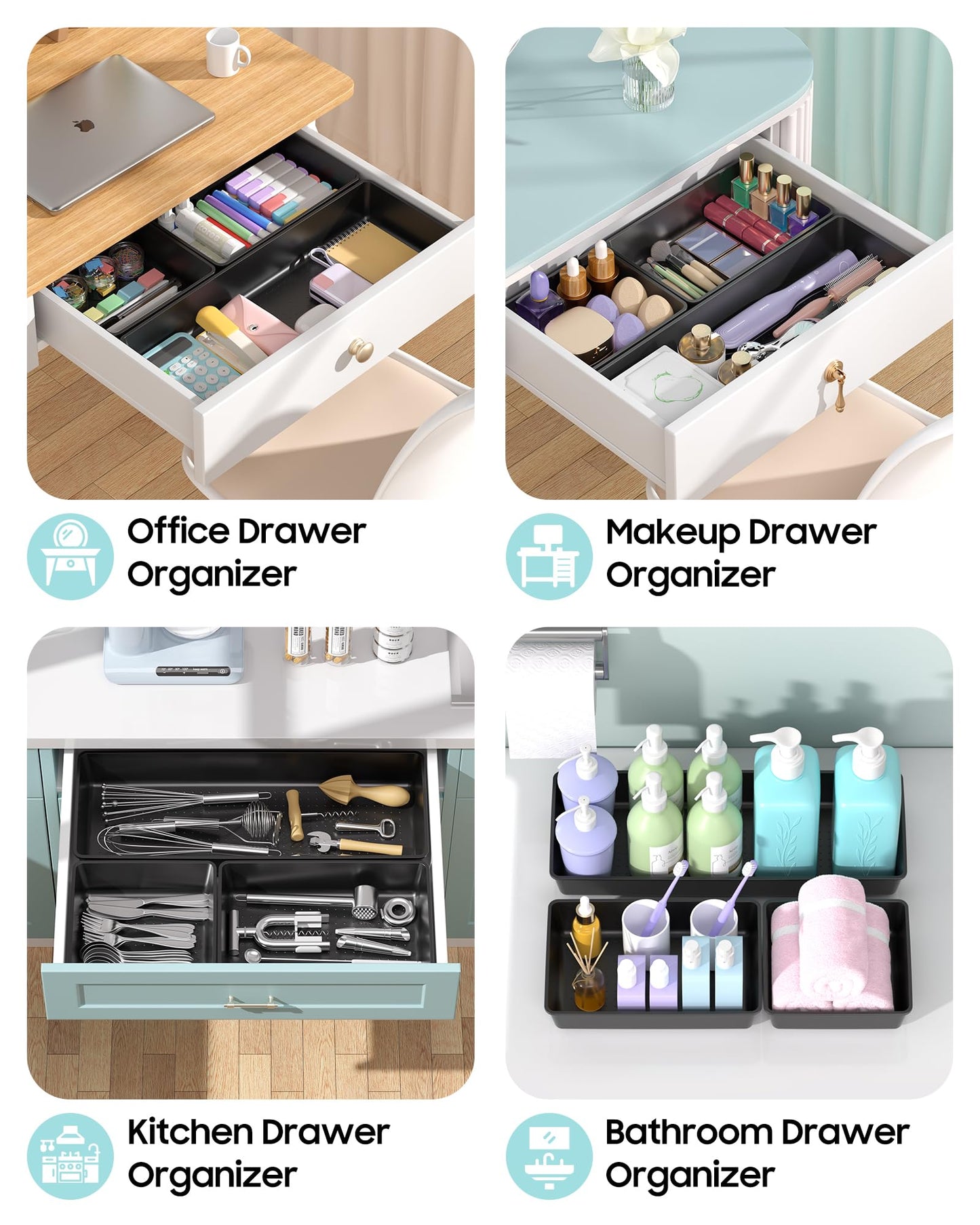 MLIKLU 10 Pack Large Size Plastic Drawer Organizers Set, 3 Sizes Desk Drawer Organizer Trays, Storage Bins for Vanity, Makeup, Bathroom, Kitchen Utensils and Office (Black)