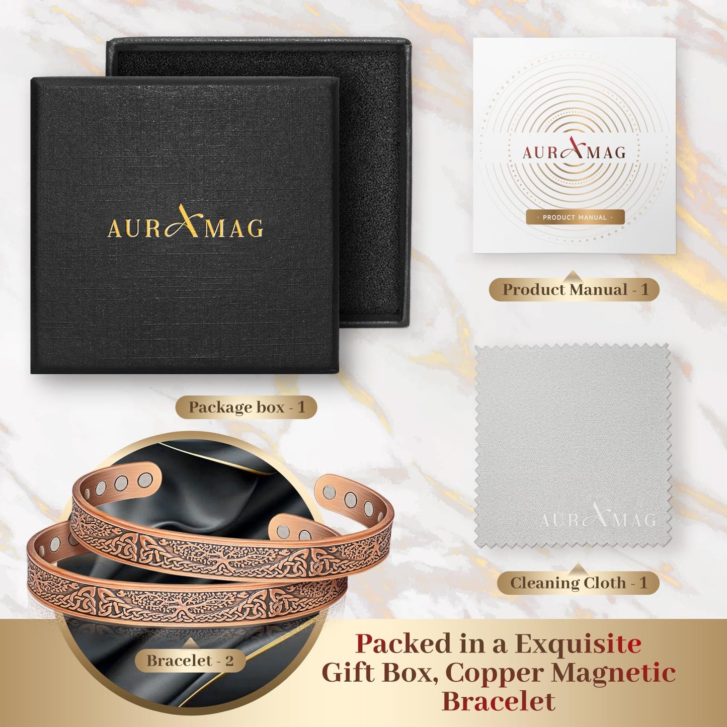 Auramag Magnetic Bangle for Women, 99.99% Pure Copper Cuff Bangle with 3500 Gauss Magnets, Copper Jewelry Gift Adjustable (Set of 2)