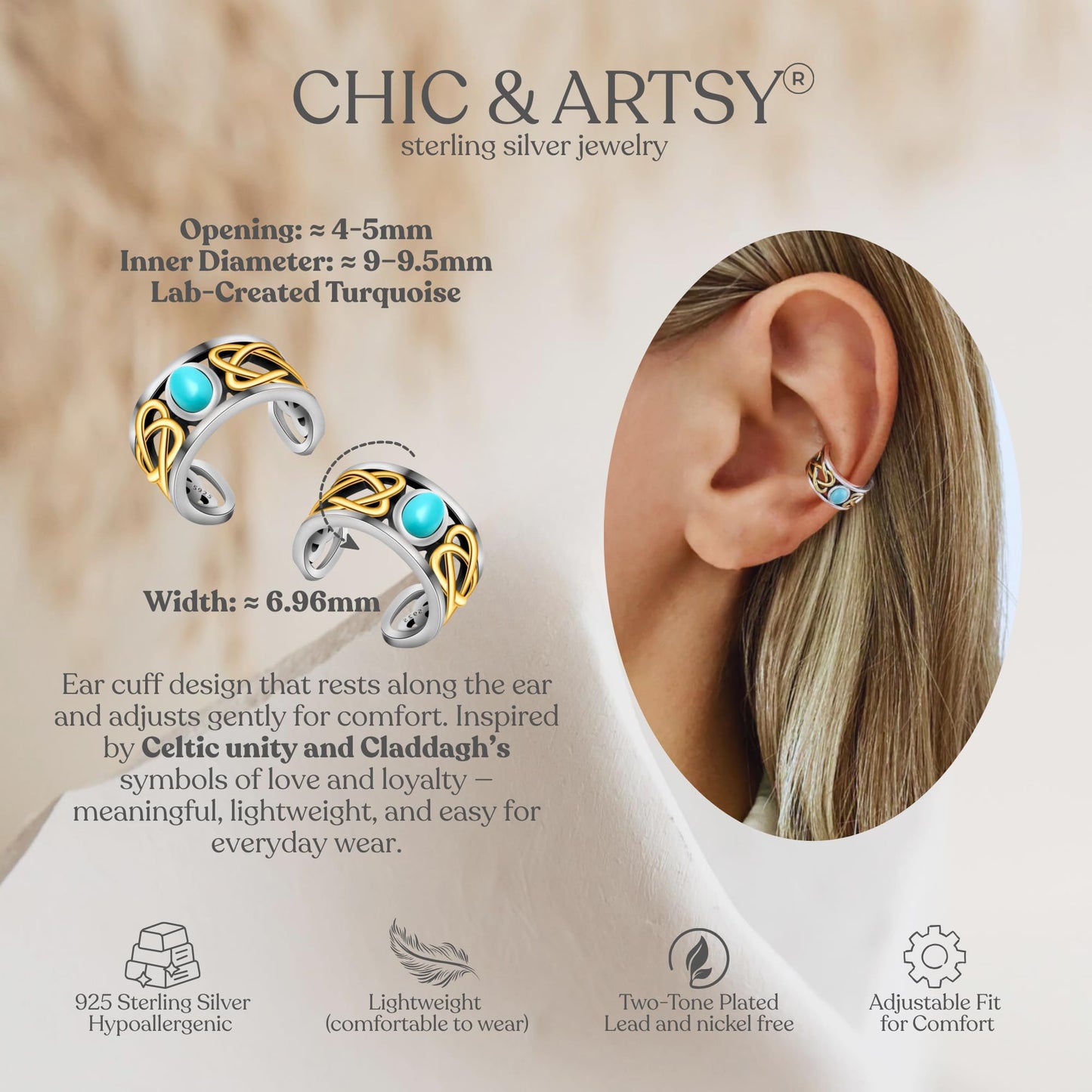 CHIC & ARTSY 925 Sterling Silver Celtic Knot Ear Cuffs Earrings Goth Celtic Knot Adjustable No Piercing Ear Cuffs Wide Ear Lobe Cuff Viking Ear Cuff For Women Men