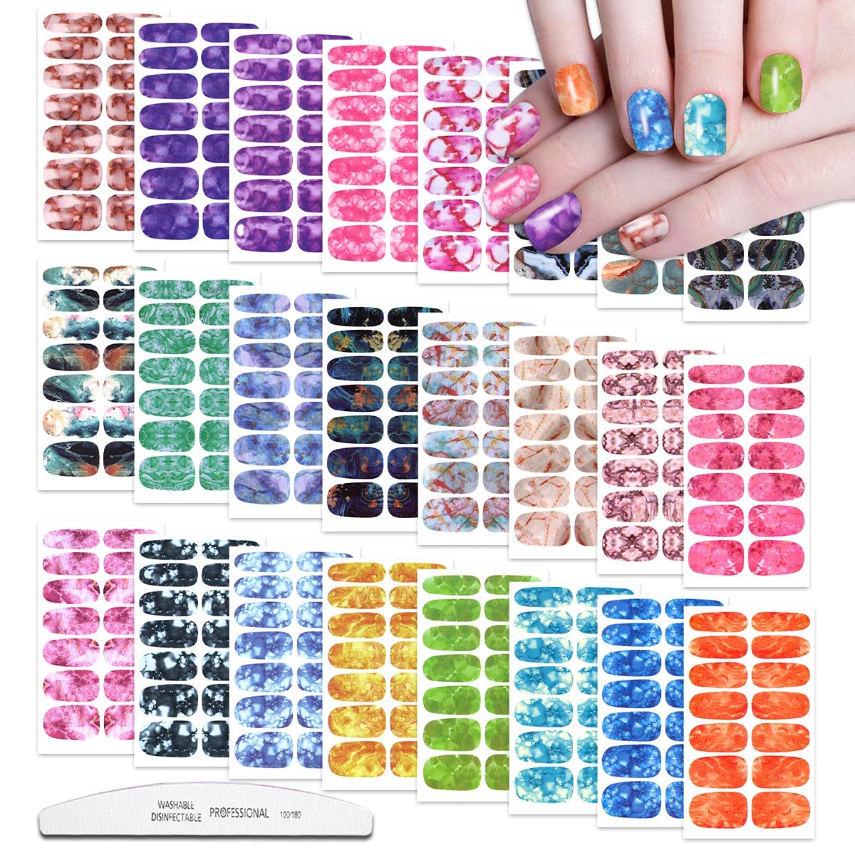 JERCLITY 24 Sheets Candy Gradient Color Marble Nail Polish Strips Stickers Adhesive Decals for Women DIY Art Manicure Kit