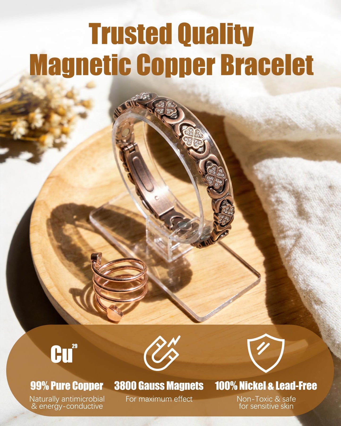Jeracol Copper Bracelet & Ring for Women, Ultra Strength Magnetic Bracelet with 3800 Gauss Magnets, Four-Leaf Clover & Infinity Heart & Crystal, Adjustable Tools & Jewelry Gift Box(Copper Style)