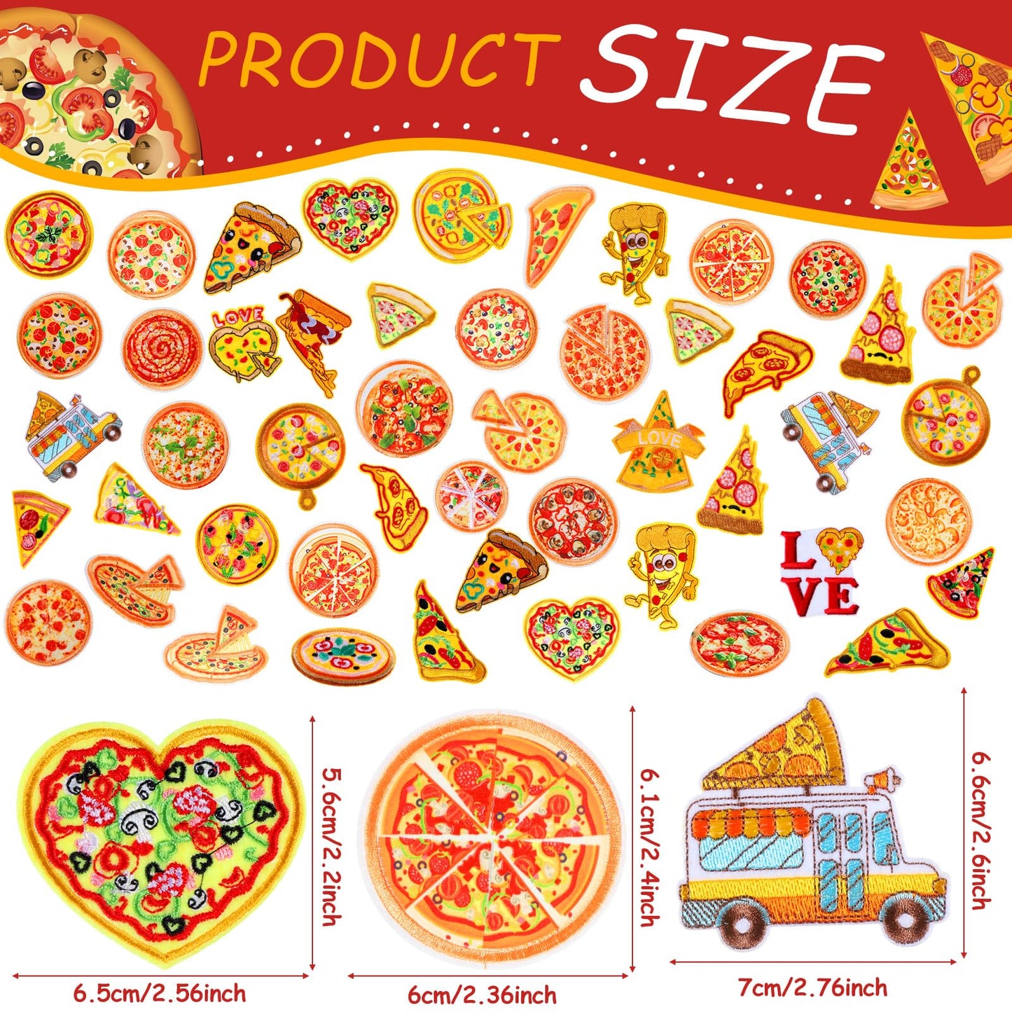 Tigeen 48 Pcs Pizza Iron on Patches Cute Pizza Bulk Embroidered Patches for Hats Clothes Repair Kit Sew on Applique DIY Accessory for Backpack Pants Jeans