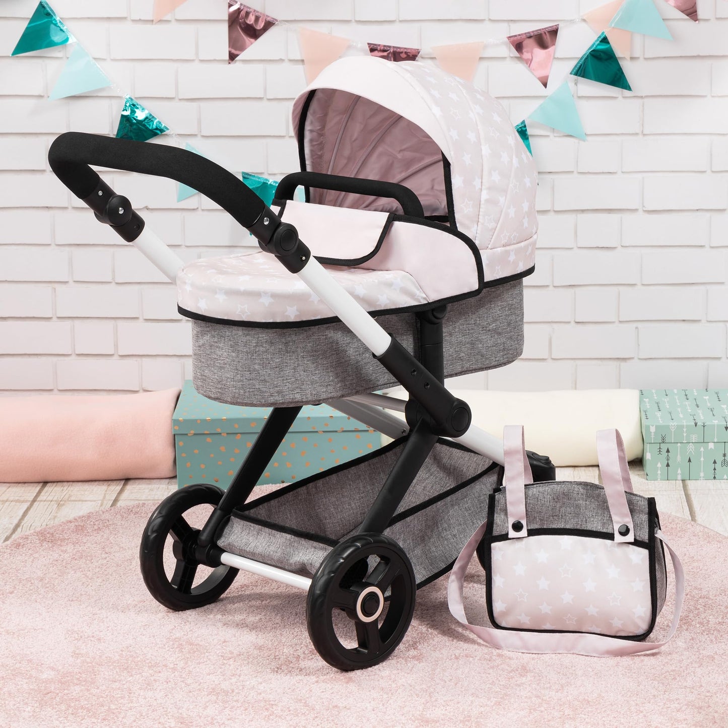 Bayer Pram Xeo - Doll Stroller with Stars Design, Convertible Pushchair for 18" Dolls, Ages 3+