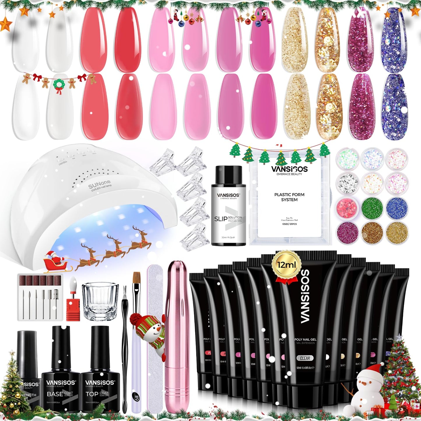 VANSISOS Poly Nail Gel Complete Kit: 12 Colors Poly Nail Gel Kit with U V Light Slip Solution with Base & Top Coat Extension Full Kit for Beginners DIY at Home or Professional Salon