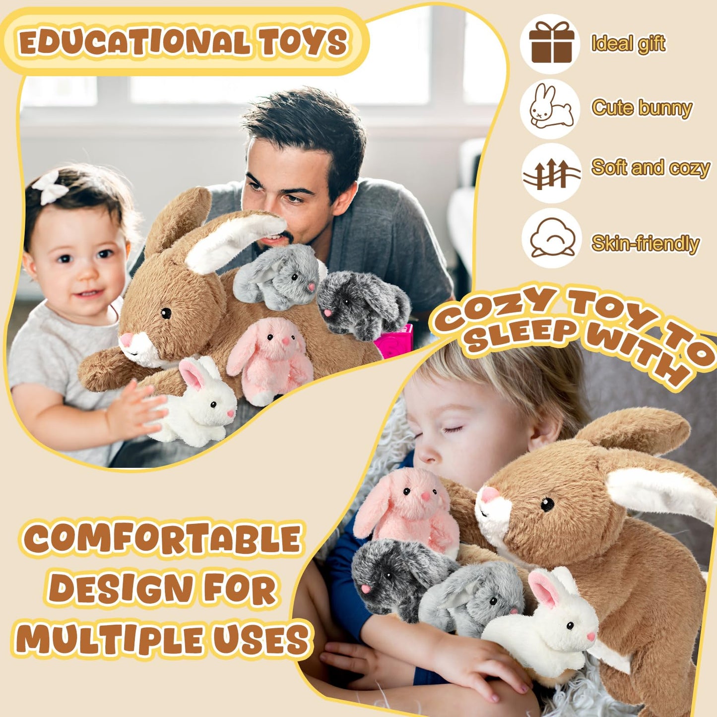Syhood 5 Pieces Bunny Stuffed Animals Plush Set Easter Gifts Mommy Bunny Plush Doll with 4 Babies Cute Fluffy Rabbits in Mommy Stuffed Rabbit for Huggable Sleeping Holiday Birthday