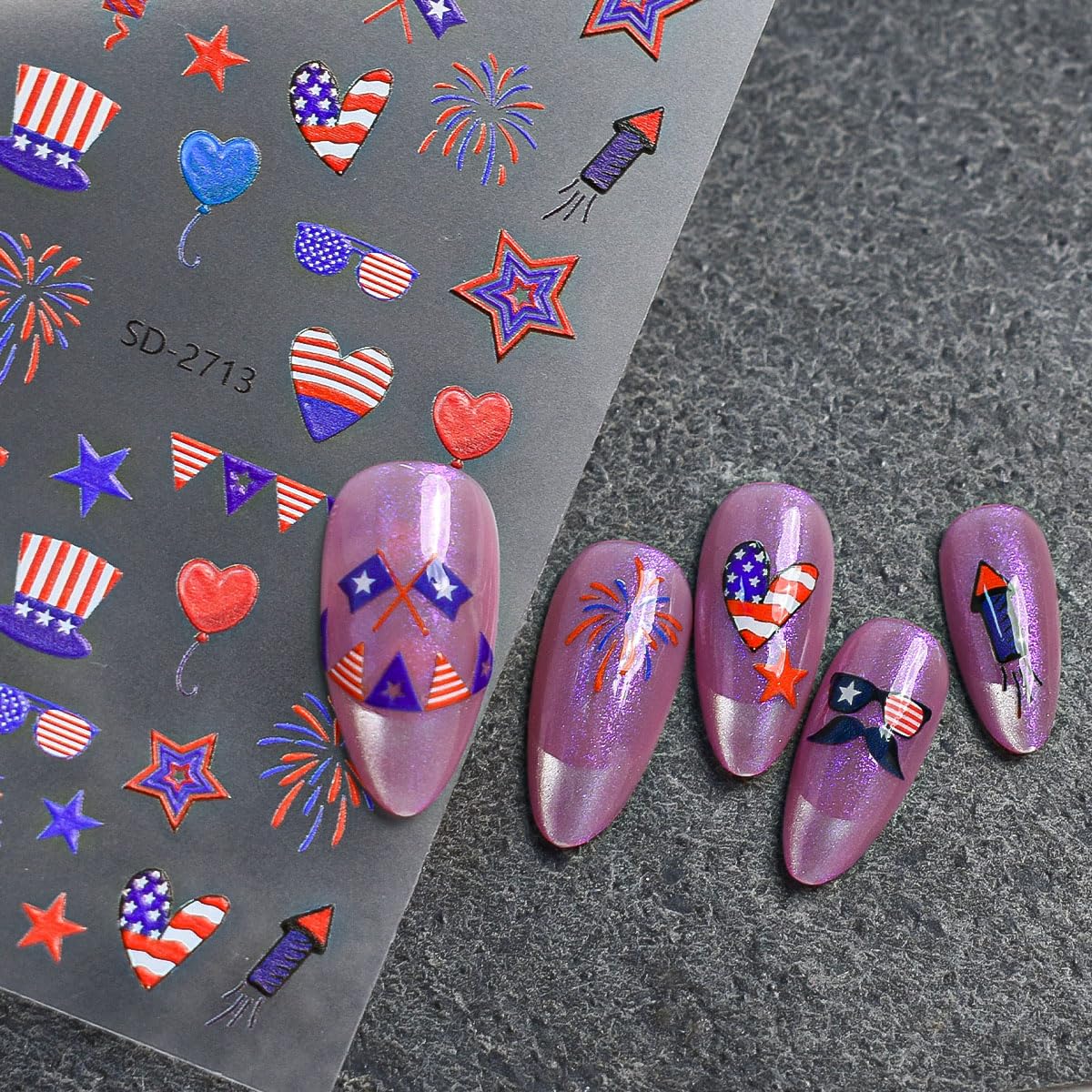 4th of July Nail Stickers 6 Sheets - 3D Embossed Red White & Blue Self-Adhesive Decals with American Flag, Stars & Fireworks, Independence Day DIY Manicure for Women