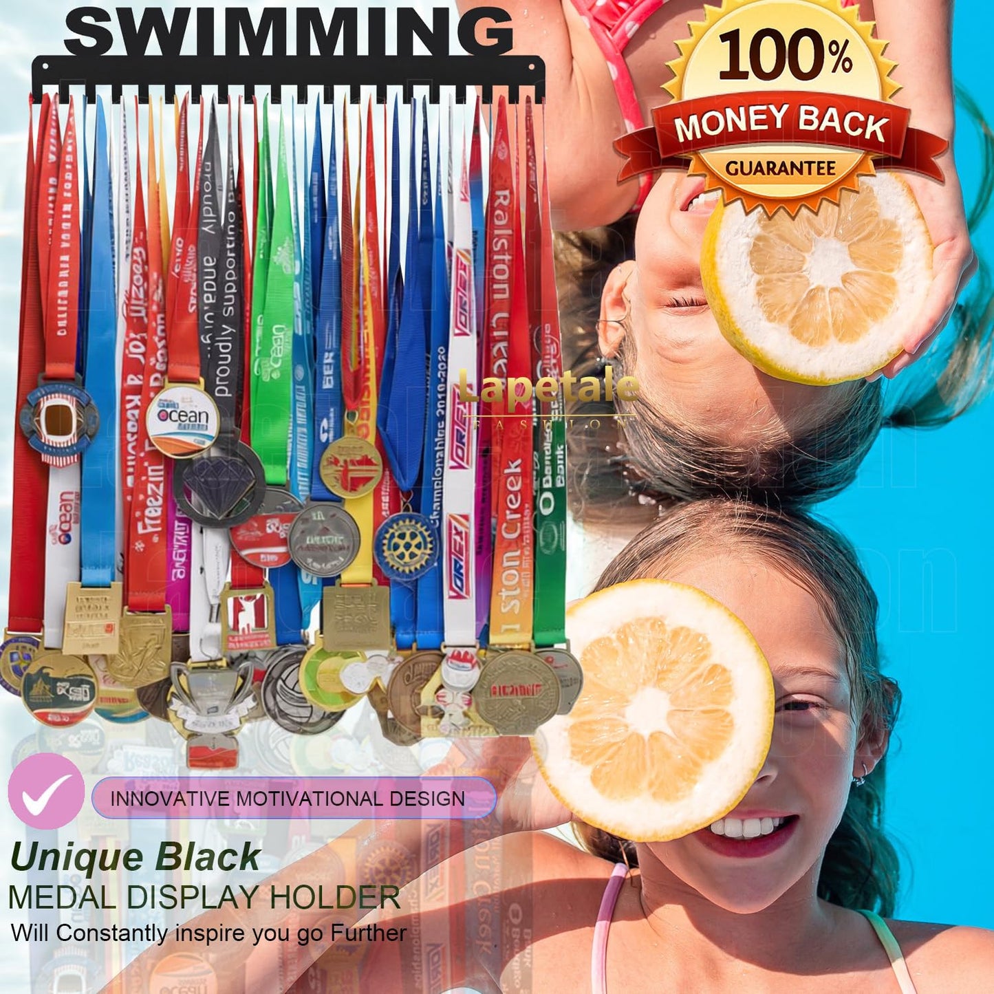 Lapetale Fashion Swimming Medal Hanger Display Medal Holder Hanger Display Rack Frame with 20PCS Hanging Hooks Upgraded Extension Hooks Easy Install Easy to Use Swimming Medal Display Rack