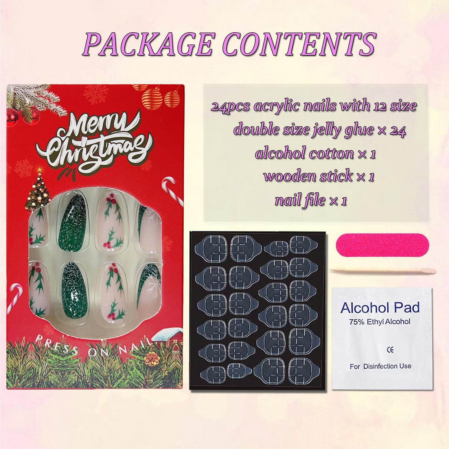 Christmas Press on Nails Almond Medium Fake Nails Green Glitter French Acrylic Nails Kit Winter False Nails with Snowflake Designs Holiday Stick on Nails Glue on Nails for Women DIY Manicure 24Pcs