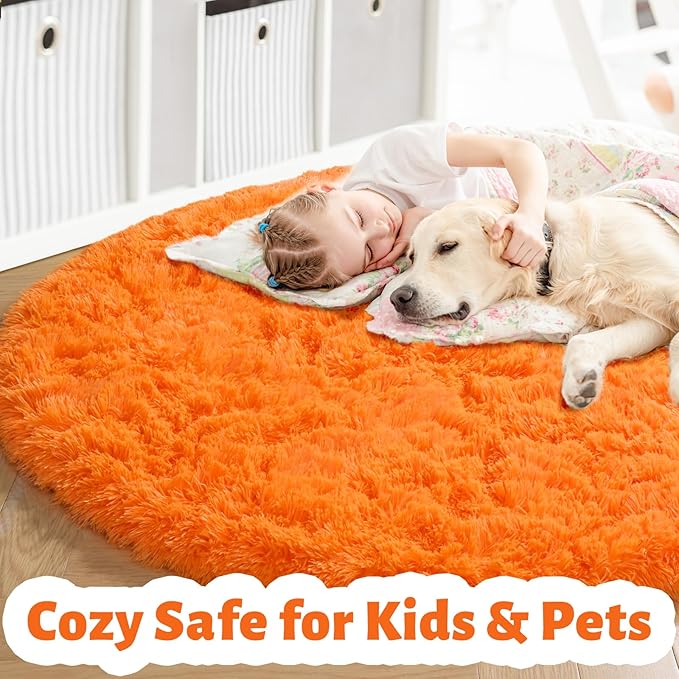 Amdrebio Orange Circle Round Rug 6Ft for Living Room Bedroom, Fluffy Furry Shag Area Rugs for Kids Room Decor Aesthetic, Cute Fuzzy Plush Shaggy Carpet for Baby Nursery Dorm Playroom, Teen Girls Boys
