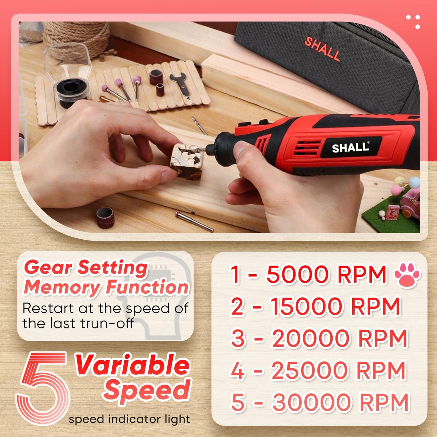SHALL 8V Cordless Rotary Tool Kit, Lightweight 2.5 Ah Battery Rechargeable Dog Nail Grinder w/ 122 Accessories, 5-Speed Power Rotary Tool for Sanding, Carving, Polishing, Engraving, Pet Grooming