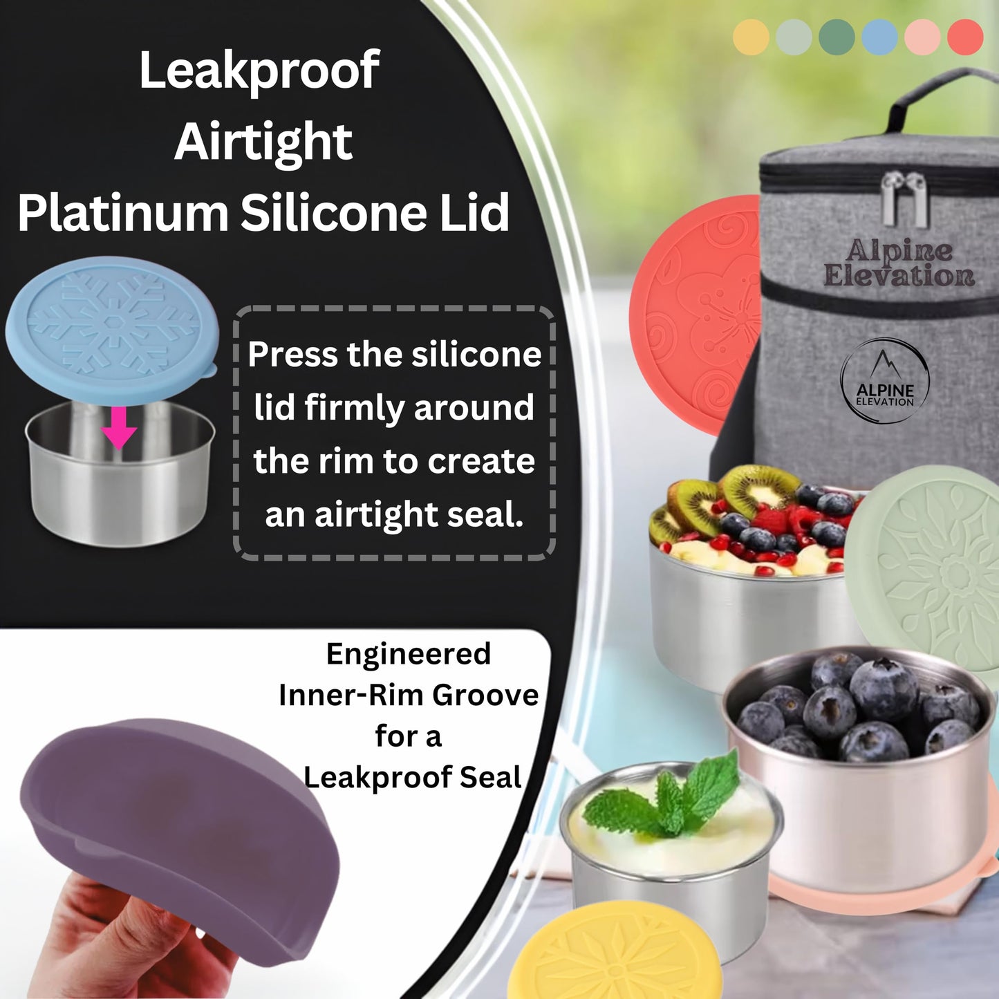 Alpine Elevation 12 Pcs - 6 Stainless Steel Containers + 6 Silicone Lids | 304 Stainless Steel Snack Container | Nesting Snack and Dip Containers | Metal Food Storage