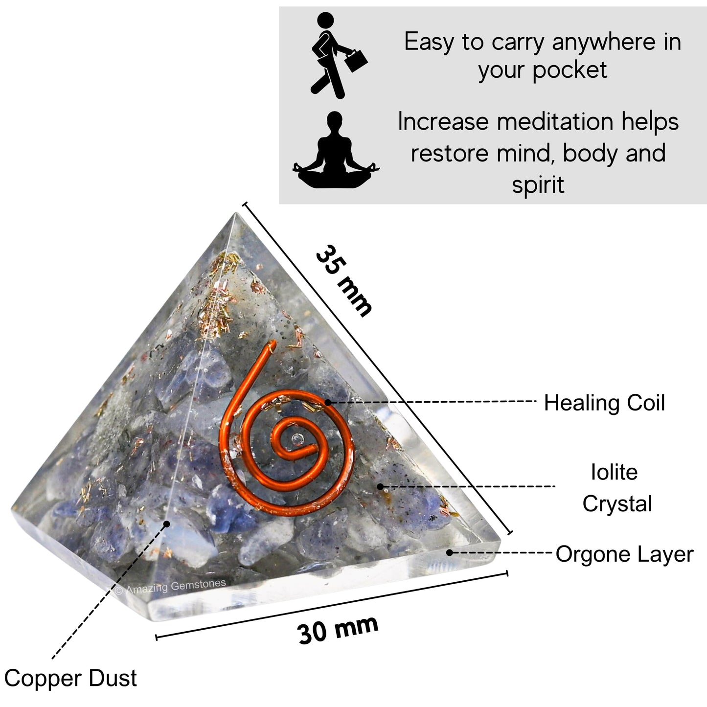 Amazing Gemstone Iolite Orgone Pyramid - 30mm Small Orgonite Pyramids with Crystals and Healing Stones - Authentic Organite Gifts
