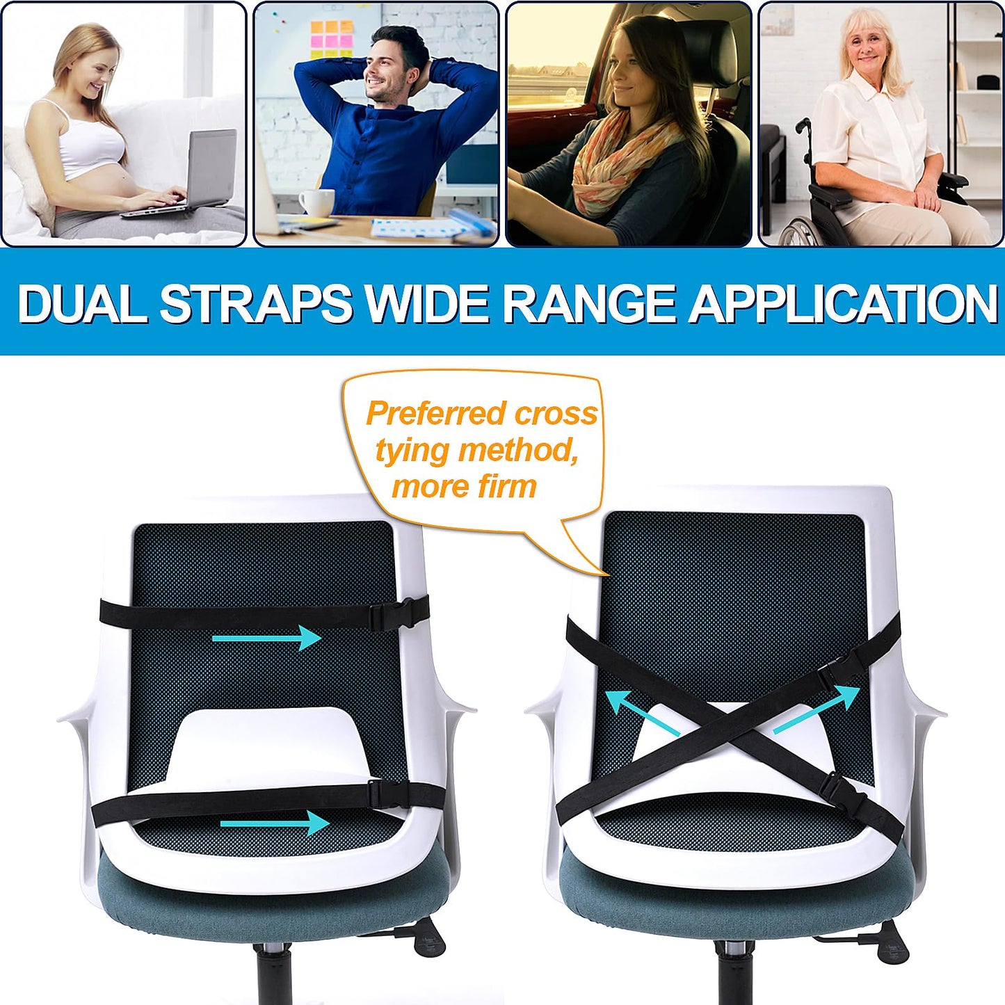 Seat Cushion & Lumbar Support Pillow for Office Chair, Car, Wheelchair Memory Foam Desk Chair Cushion for Sciatica, Lower Back & Tailbone Pain Relief Desk Pad with Adjustable Strap 3D Washable Cover