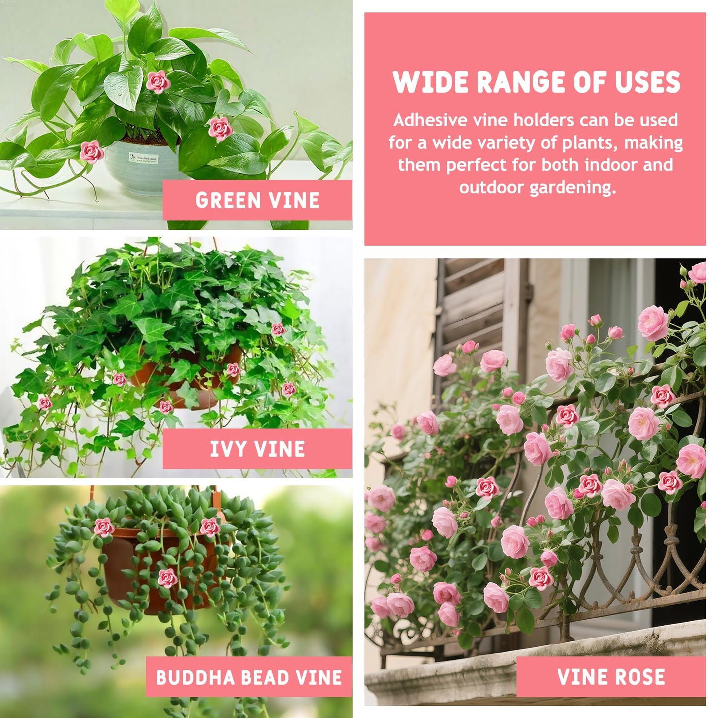 50 Pack Plant Vine Wall Clips – Decorative Flower Clips for Climbing Plants, Indoor & Outdoor Garden Vine Holders, Pink, Tool-Free Use, ABS Plastic