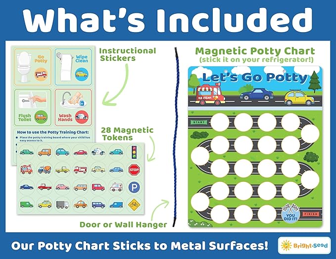 Bright Seed Reusable Magnetic Cars Potty Training Chart, Potty Training for Boys, Potty Training Sticker Chart, Potty Training Rewards for Boys, 12x10 Inches Magnetic Chart with 28 Chips